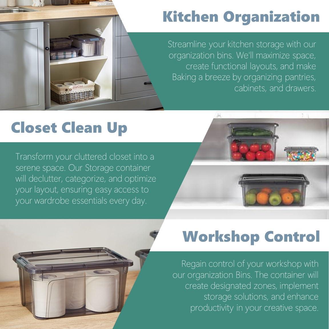 Tribello Small Storage Container Bin With Lids, 1.25Q Mini Plastic Storage Container With Latching Lids For Organizing - Tinted - (8’' x 6” x 3”) 1.25 Quart - Set of 6 - Made in EU