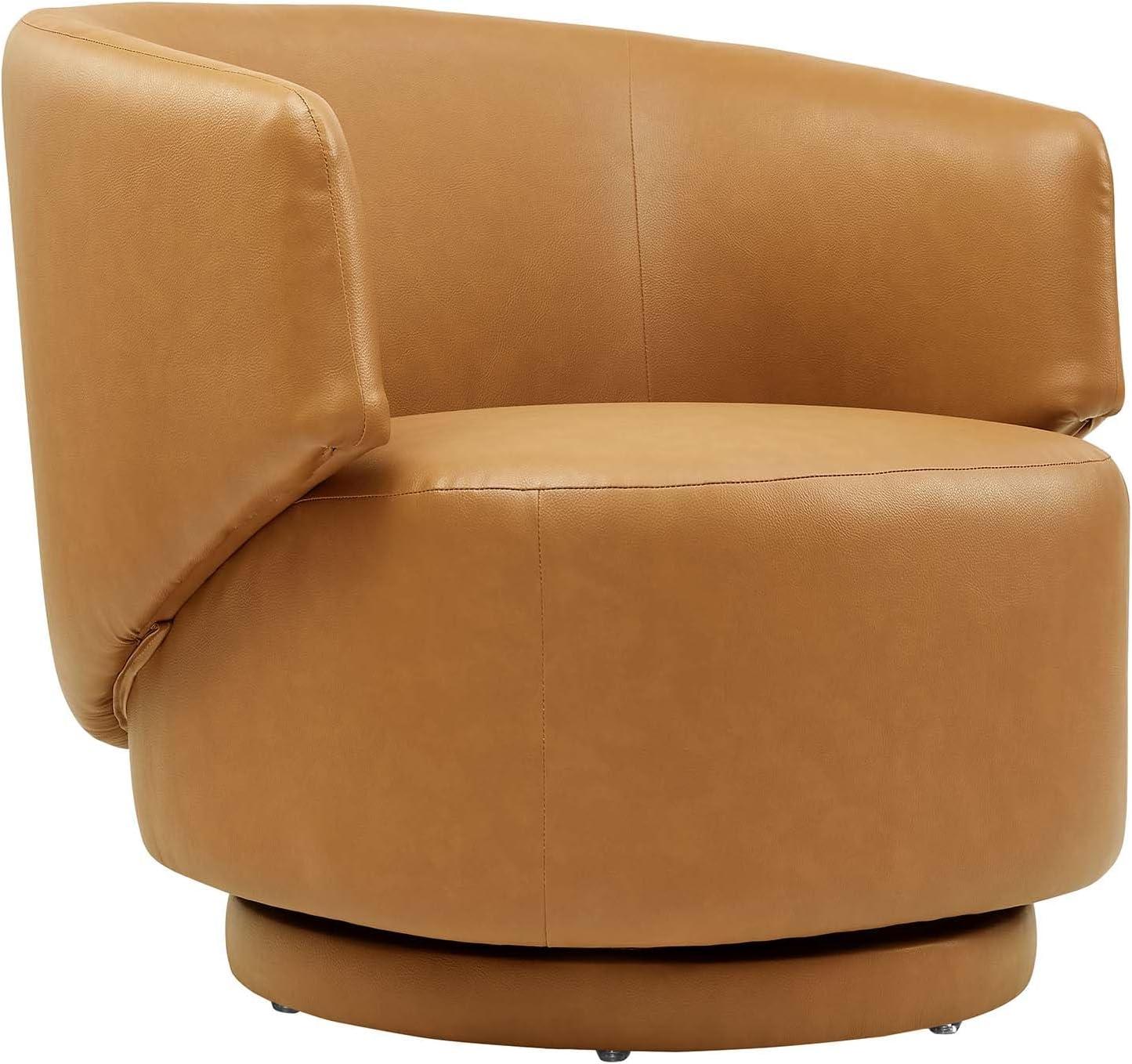 Tan Faux Leather Barrel Swivel Accent Chair with Wood Base