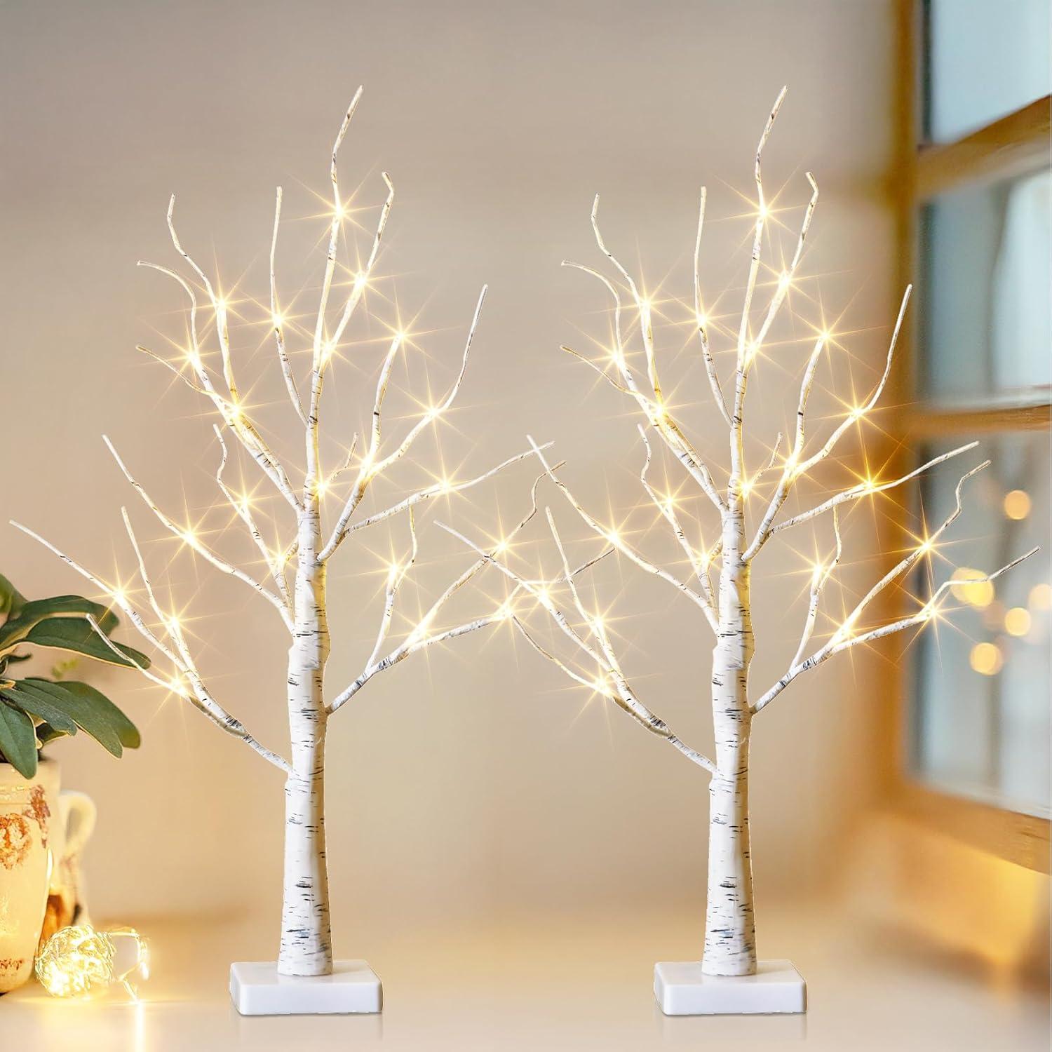 The Holiday Aisle® White Birch Tree With LED Lights - Set Of 2, LED Tabletop Tree With Timer, Christmas Decorations Lighted Tree For Indoor Mantel Home Decor (2 FT, 24 LED)