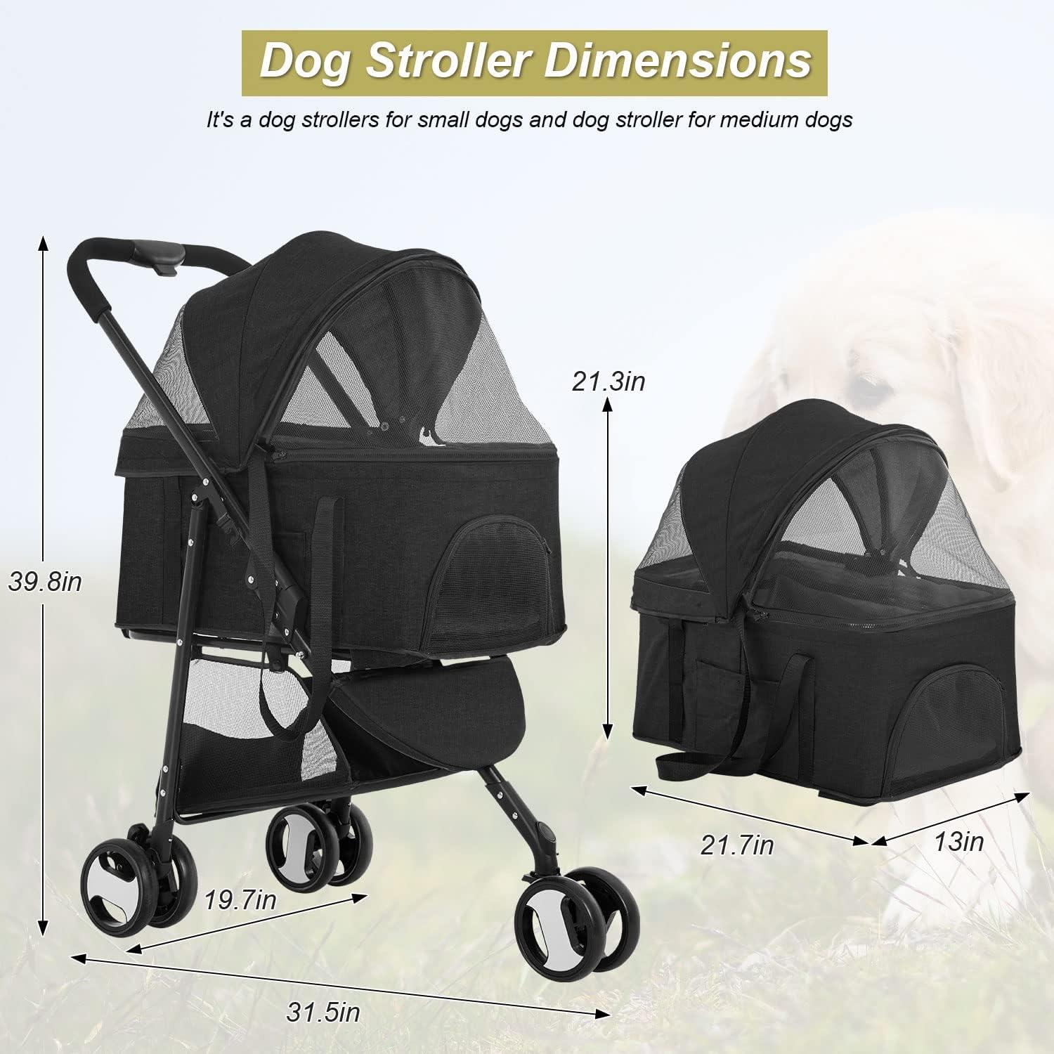 Black Linen and Stainless Steel Pet Stroller with Detachable Carrier