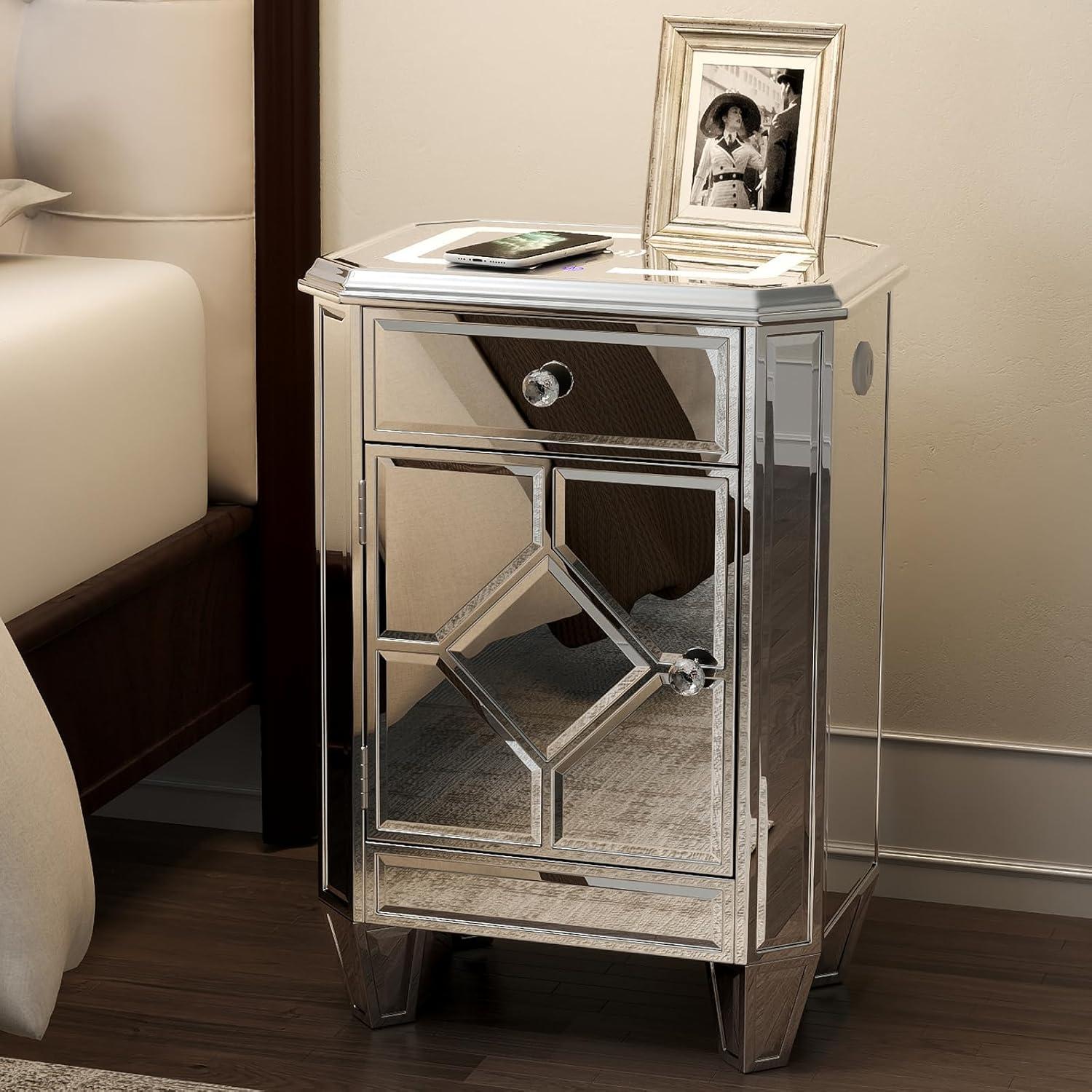COSVALVE 3 Drawers Mirrored Nightstand Silver Glass Crystal Design Rectangle End Table with Wireless Charging Station, LED Lights, Charge USB Port