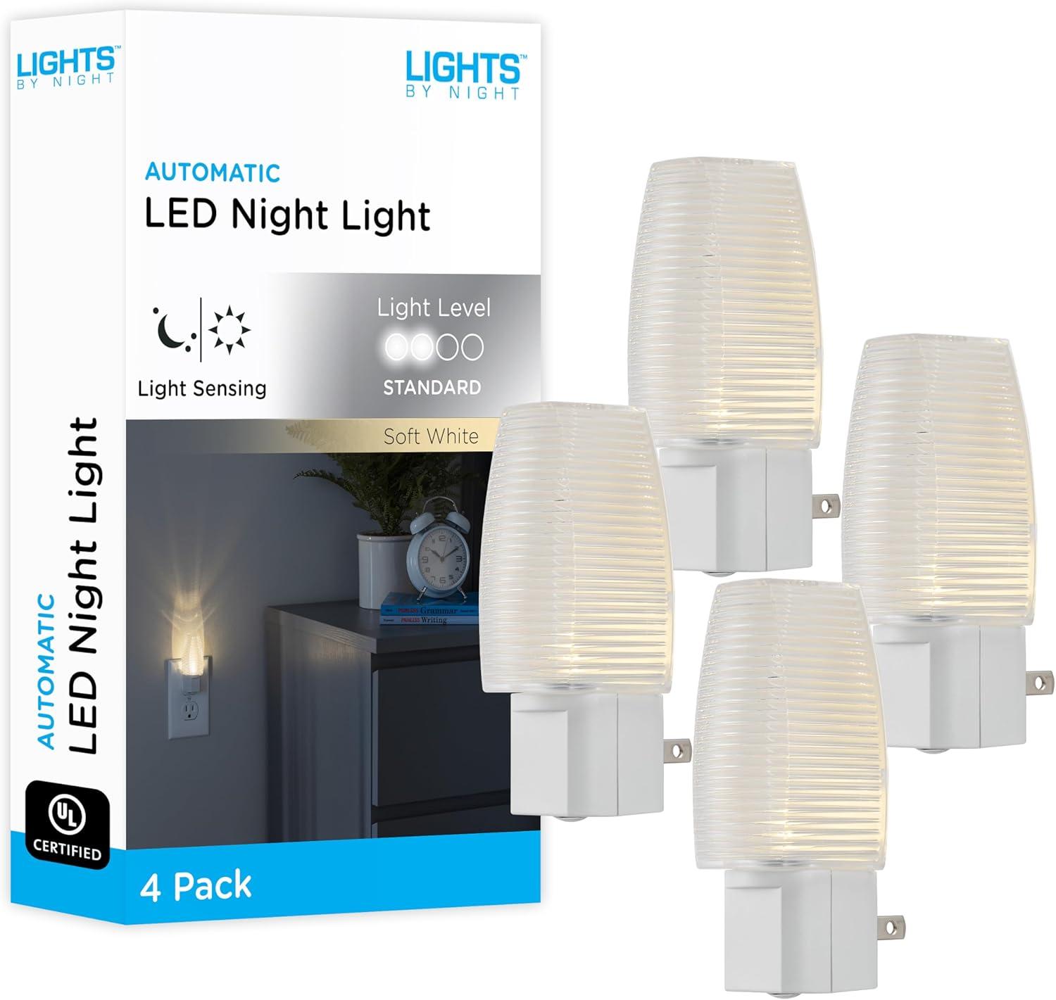 Clear Rib Shade LED Night Lights with Dusk to Dawn Sensor, 4-Pack