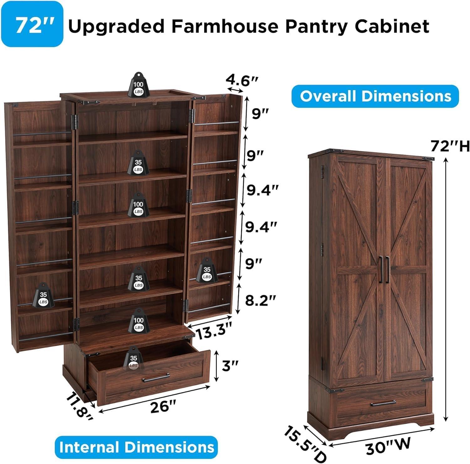 Svalin 72'' Farmhouse Kitchen Pantry, Tall Storage Cabinet with 2 Barn Doors and Adjustable Shelves