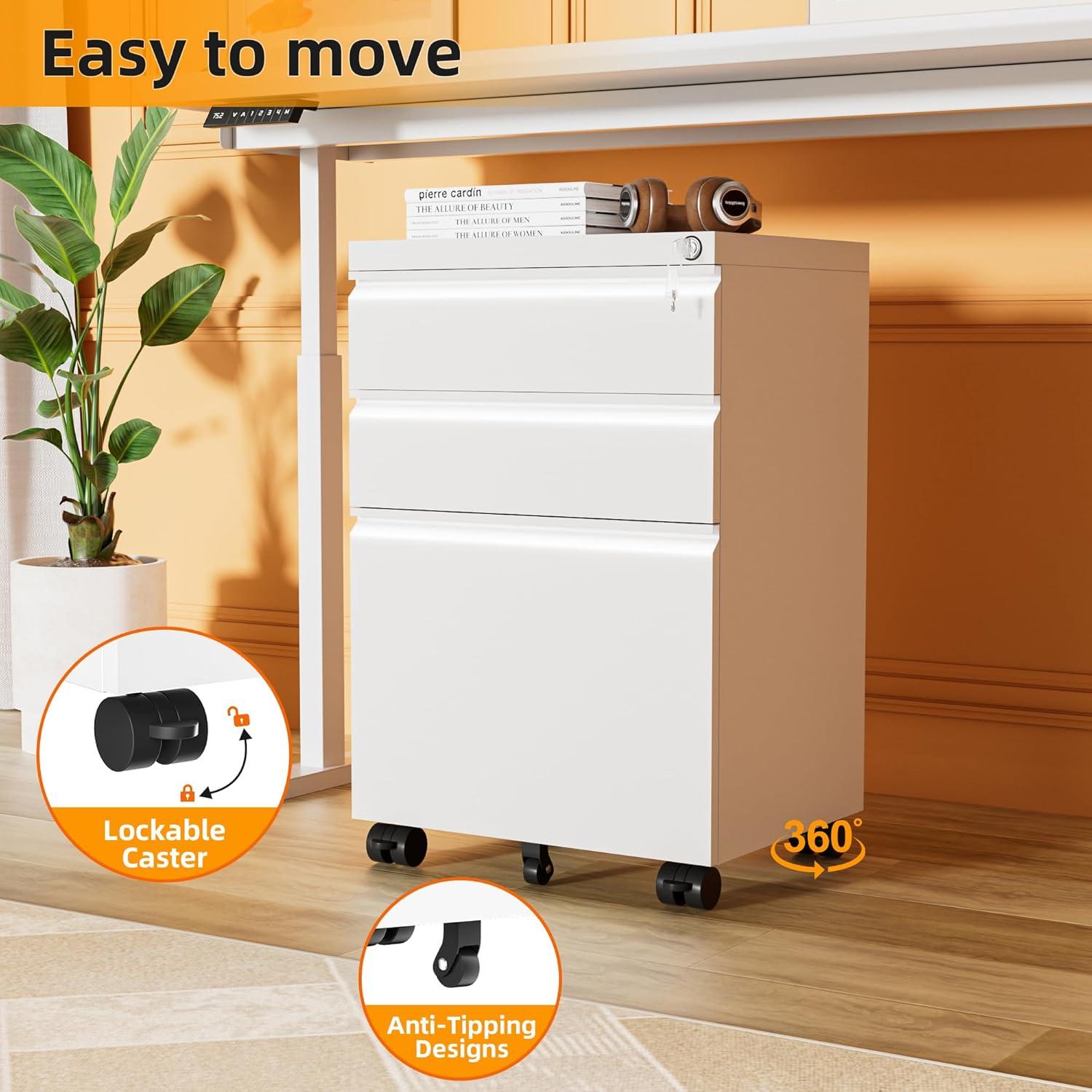 3 Drawer Mobile File Cabinet, Metal Filing Cabinets with Lock Wheels Under Desk, Lockable Rolling File Cabinet for Home Office, Fit Letter/Legal/A4 Size (White)