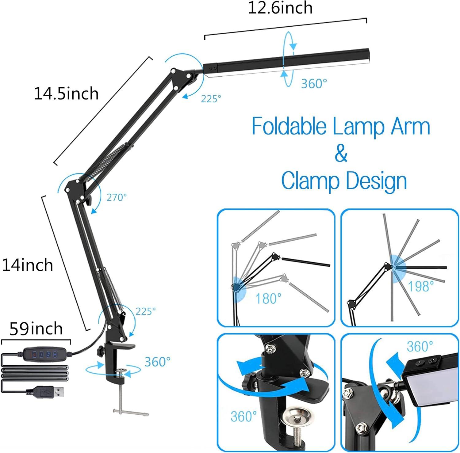 Black Adjustable LED Clip-on Desk Lamp with USB Adapter