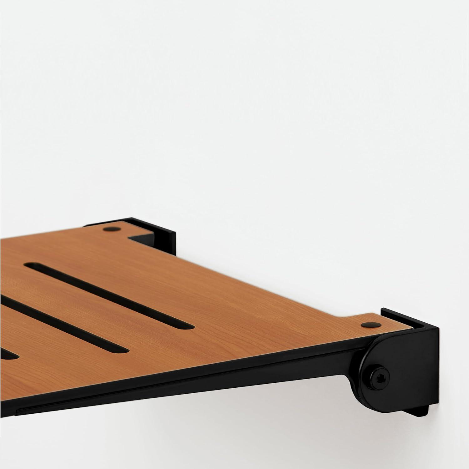 SlimLine Folding Wall Mount Shower Bench Seat, Teak Seat with Matte Black Frame