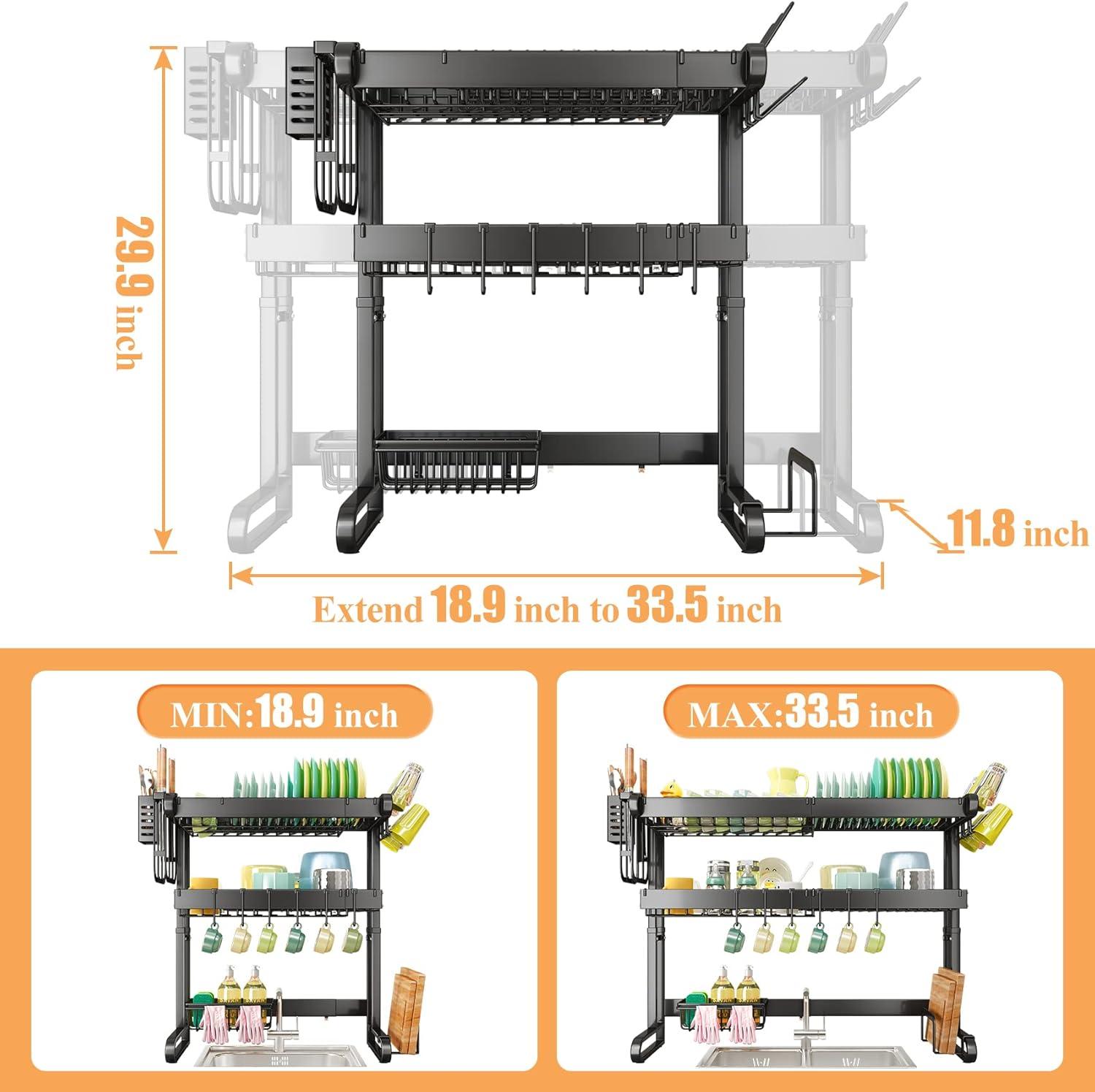 Adjustable Black Metal Over Sink 3-Tier Dish Drying Rack with Utensil Cup