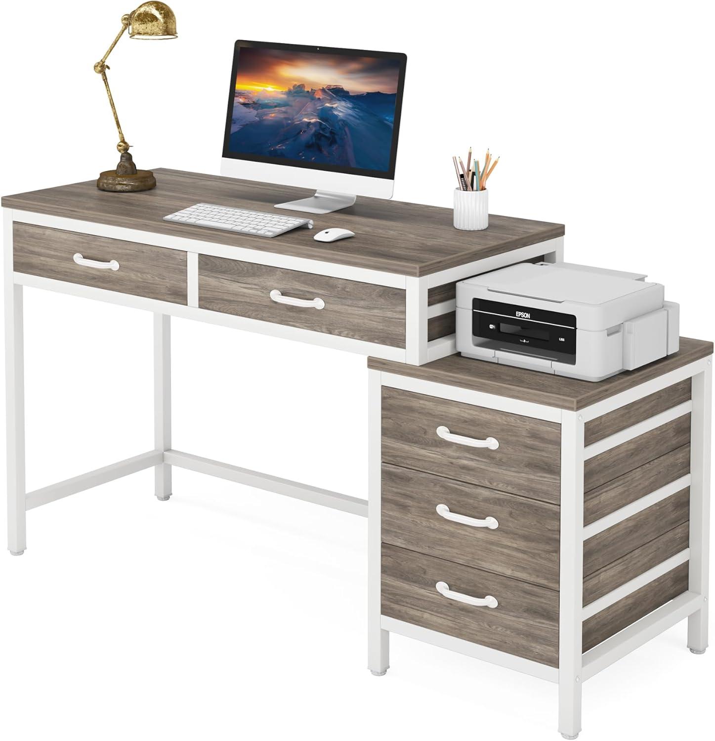 5-Drawer Computer Desk, Study Writing Table with Reversible Drawer Cabinet Gray & White