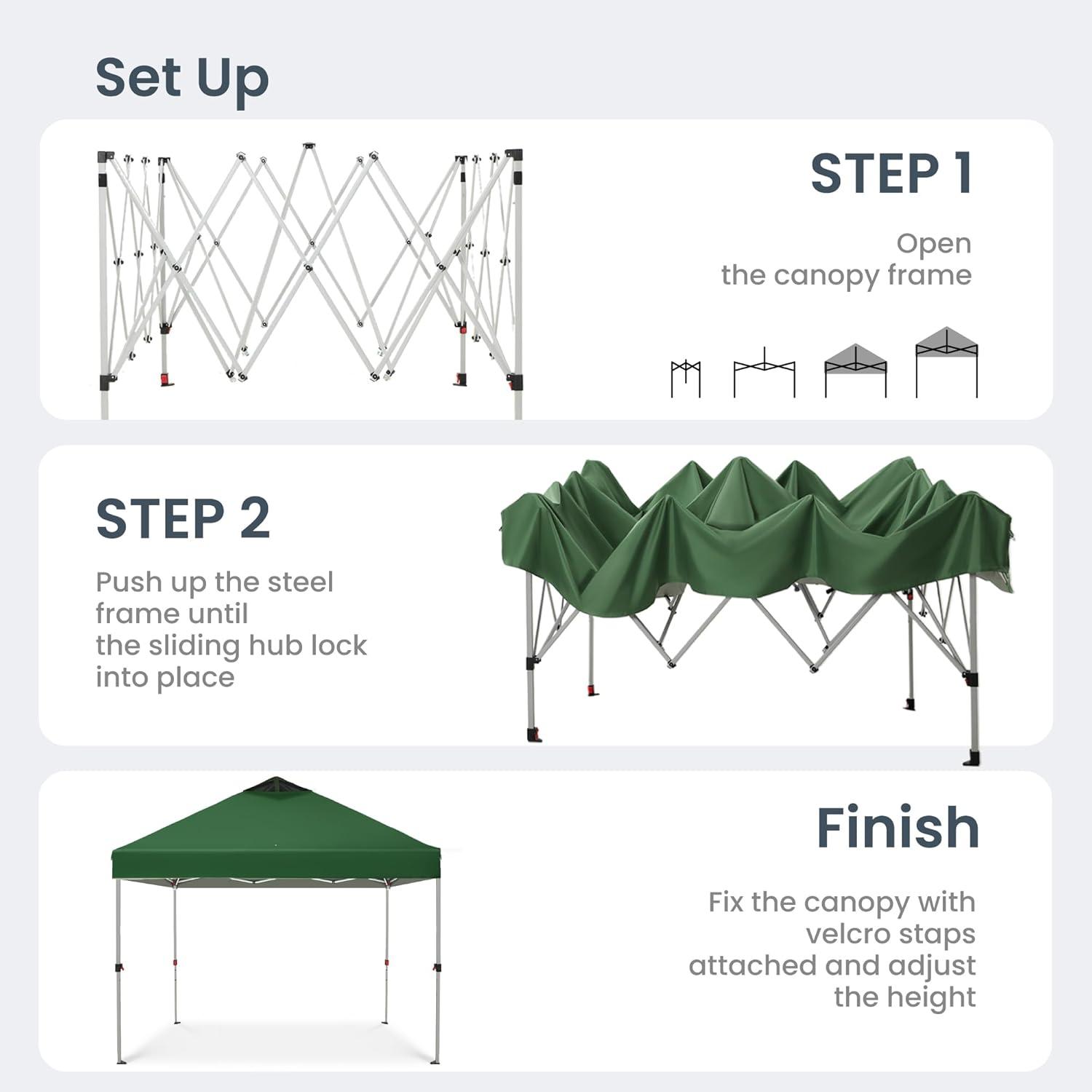 Green 10x10 Pop-Up Canopy Tent with Adjustable Height and Wheeled Bag