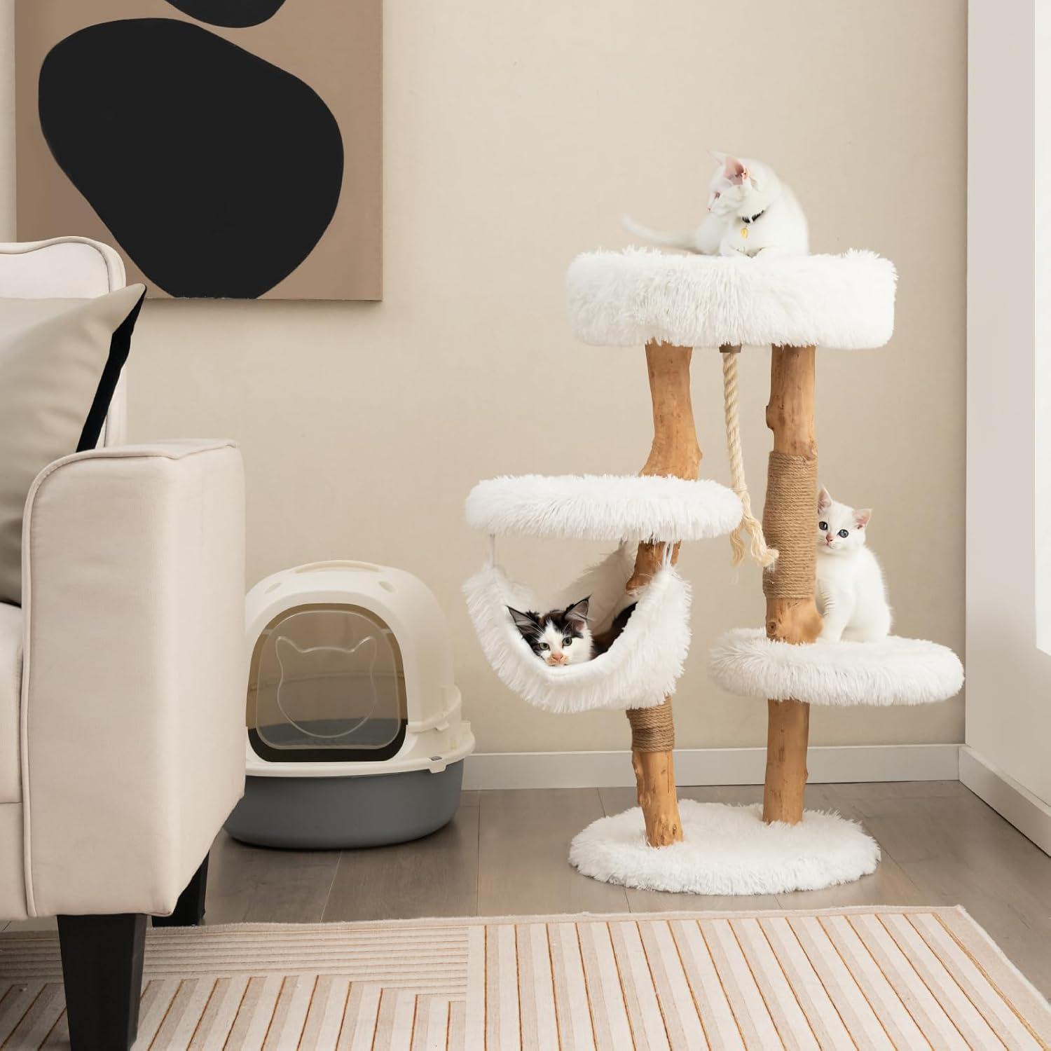 Tangkula 34" Tall Wooden Cat Tree Solid Wood Cat Tower with Jute Scratching Posts