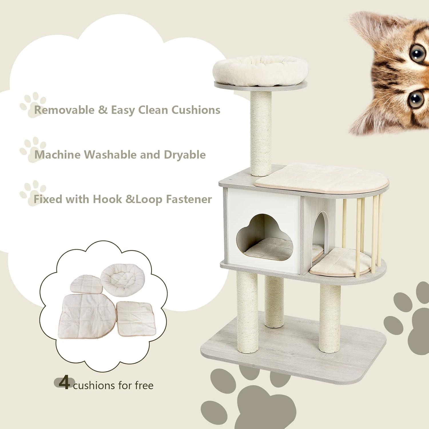 46'' Light Gray Wooden Cat Tree with Sisal Posts and Cushions