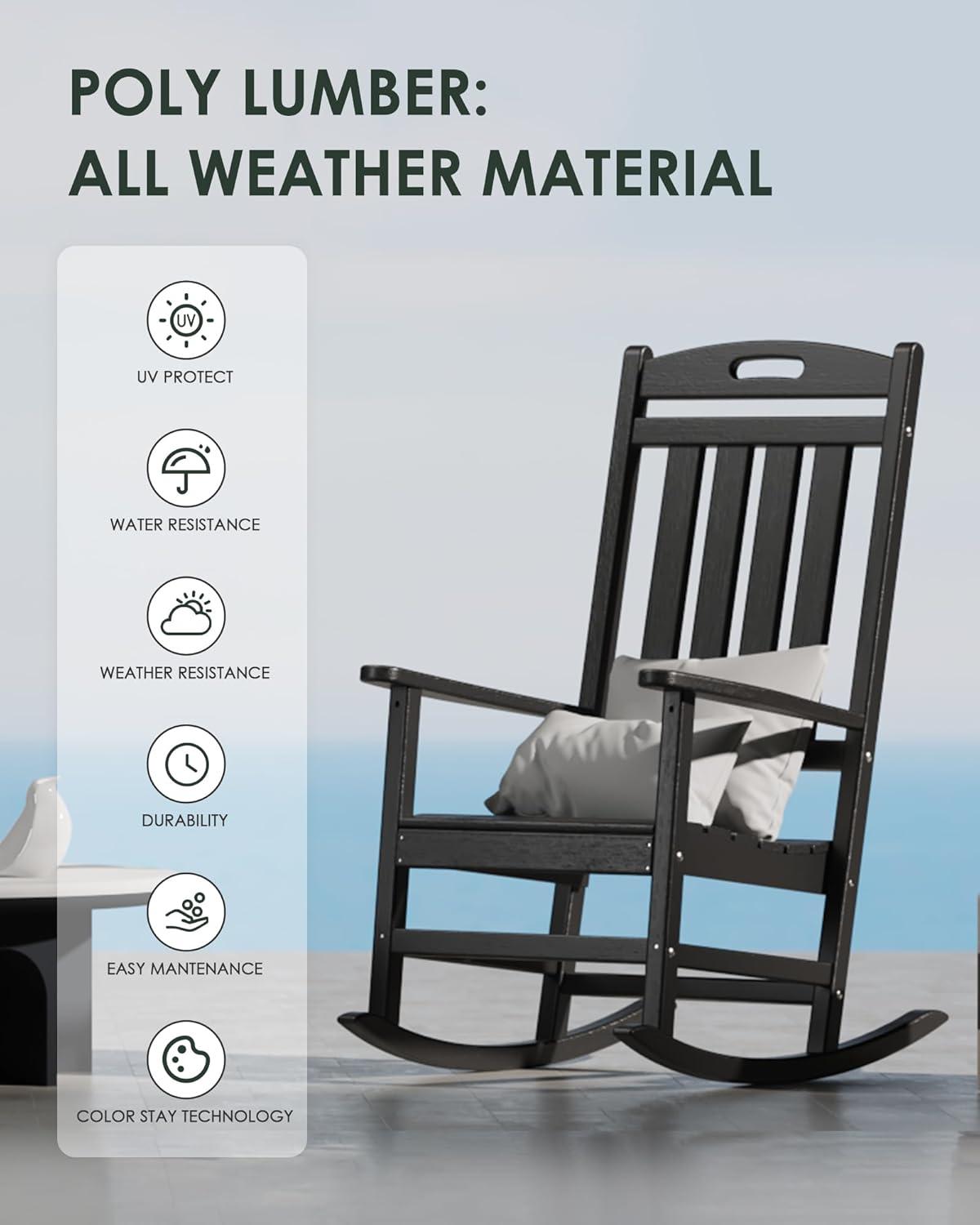 NALONE Outdoor Rocking Chair Set of 2, All Weather Resistant Rocking Chair for Porch and Garden Lawn, HDPE Material Oversized Patio Rocker Chair for Outdoor Rockers(Black)