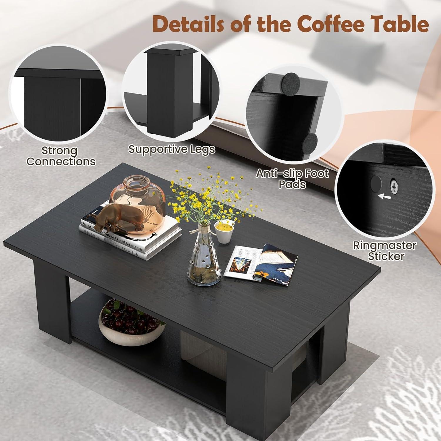 BuySphere Rectangle Wood Center Table, 41" L 2-Tier Large Modern Tea Table w/Open Compartment, Easy Assembly, Accent Coffee Table for Living Room, Reception Room, Black