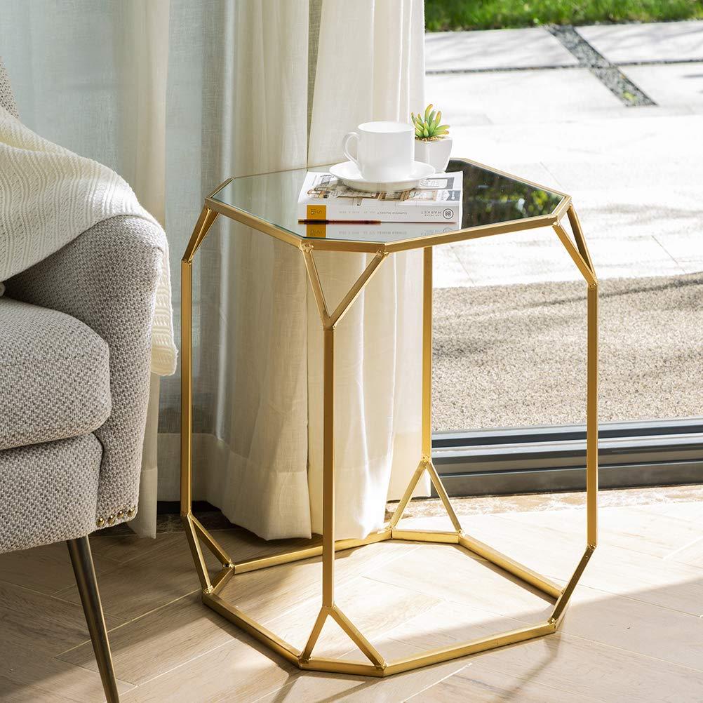 Glitzhome Set of 2 Glam Glass Modern Side Table Sofa Table Octagon-Gold Octagon