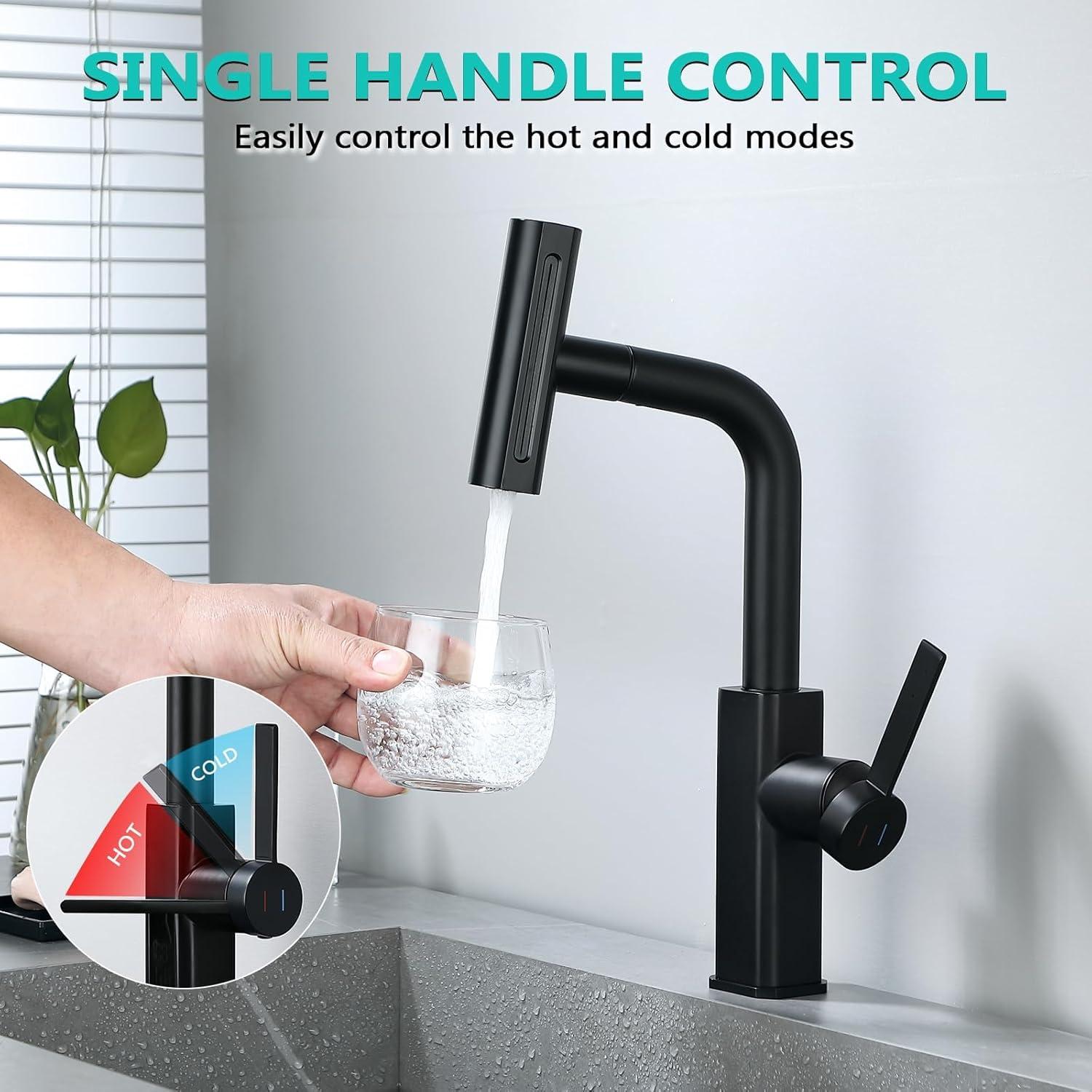 Waterfall Kitchen Faucet,Matte Black Kitchen Faucet with Pull Down Sprayer,Faucets for Kitchen Sink,Single Handle Kitchen Faucet Stainless Steel,Pull Out Sprayer Kitchen Faucets