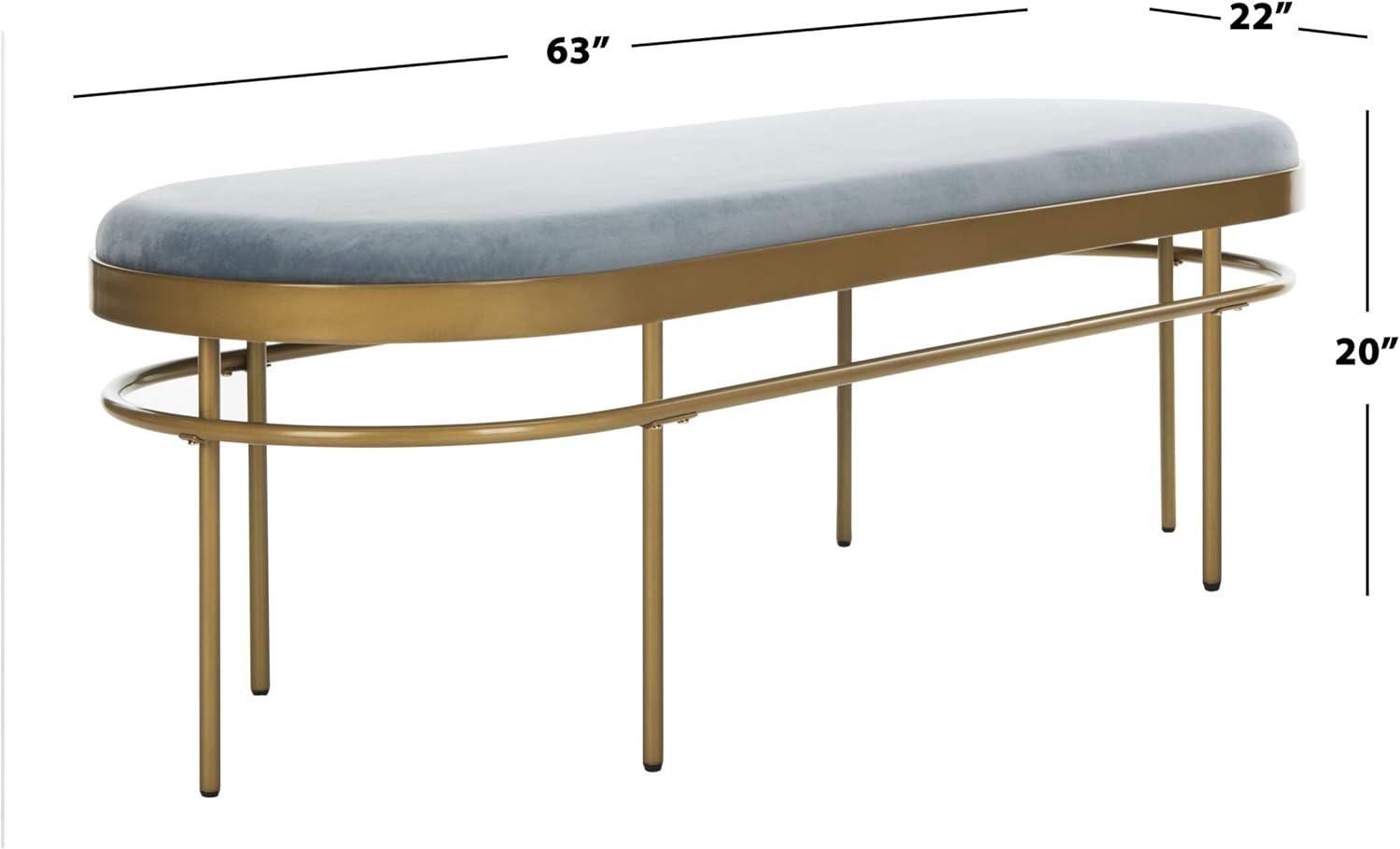 63'' Luxe Transitional Slate Blue Velvet and Gold Oval Bench