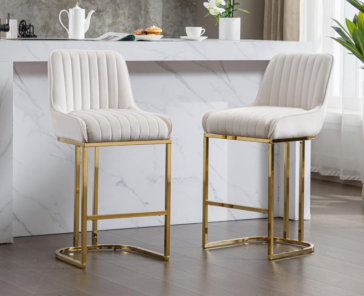 Counter Height Stools Set of 2, Velvet Bar Stools with 27 Inches Upholstered Seat Height, Handmade Woven Back Armrest, Sturdy Golden Metal Legs for Home Dining Pub Kitchen Island, Beige