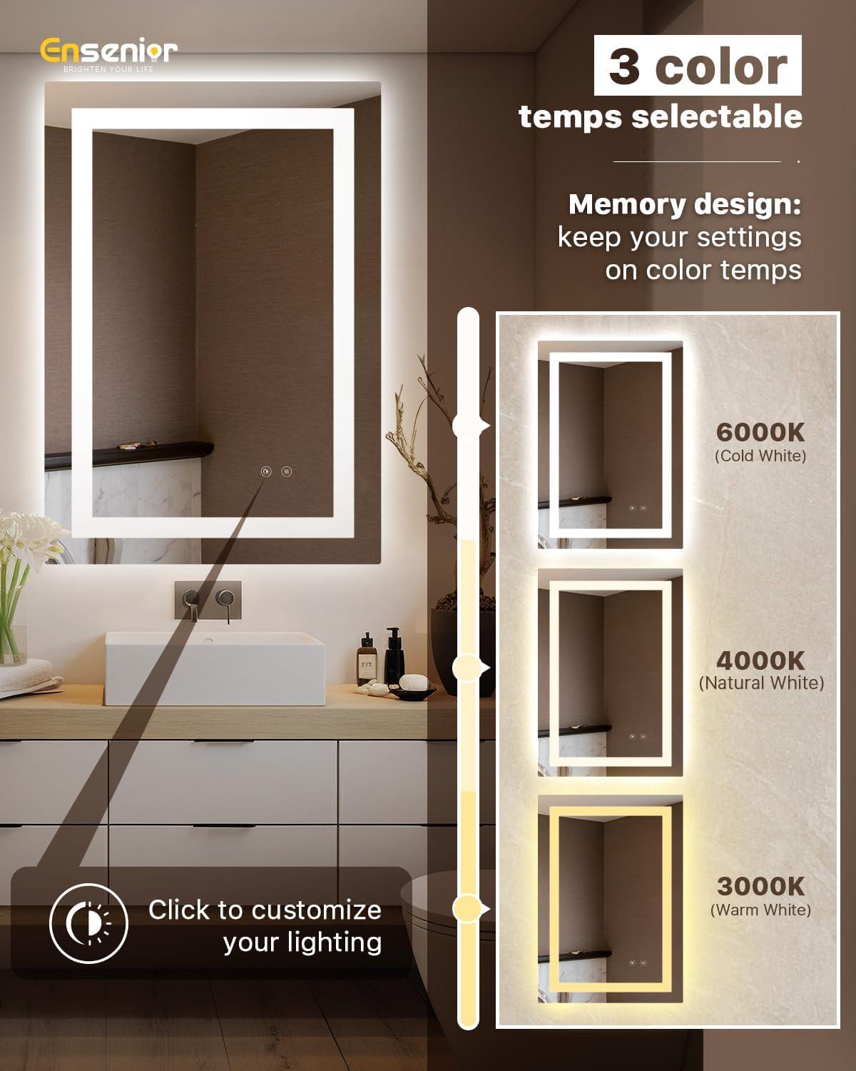 Amorho LED Mirror for Bathroom, 24"X32" with Front and Backlight, Stepless Dimmable Wall Mirrors with Anti-Fog, Shatter-Proof, Memory, 3 Colors, Double LED Vanity Mirror(Horizontal/Vertical)