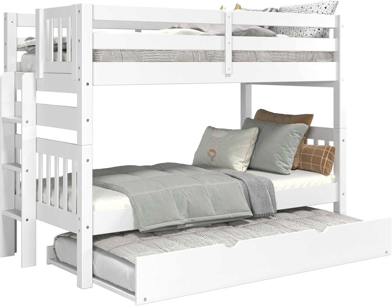 Bedz King Bunk Beds Twin over Twin Mission Style with End Ladder and a Twin Trundle, White