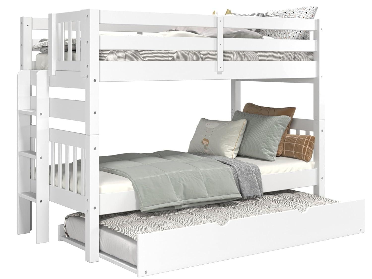 Bedz King Bunk Beds Twin over Twin Mission Style with End Ladder and a Twin Trundle, White