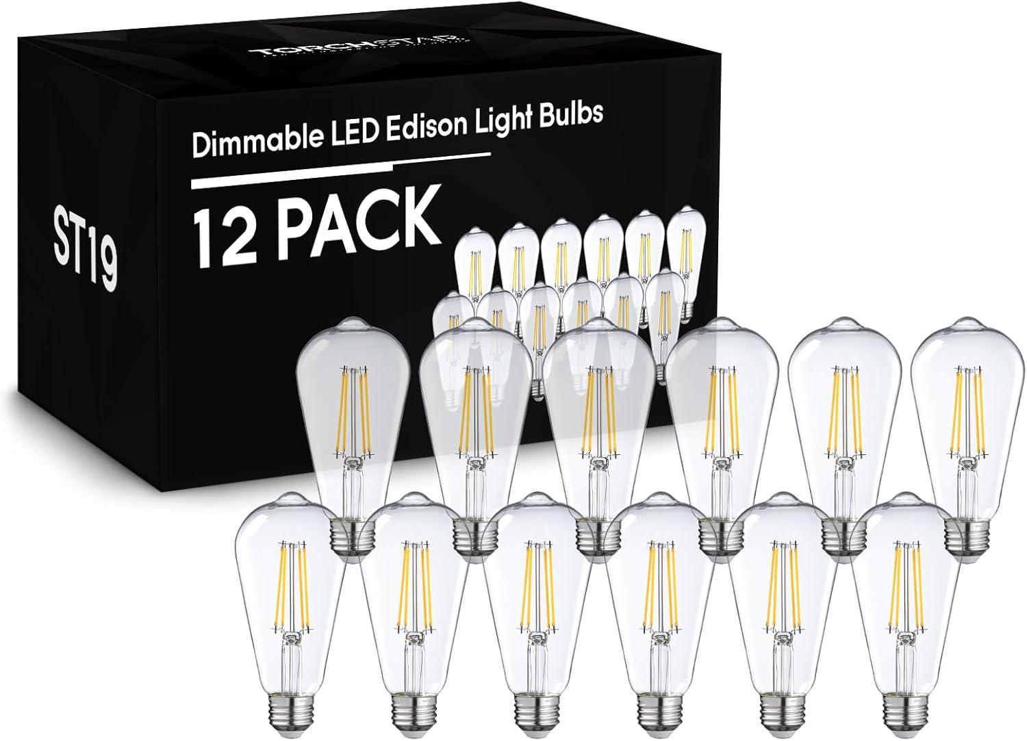 TORCHSTAR 12 Pack Bombilla LED ST64/ST19, Regulable, 7W(75W Equivalente), Bombilla Filamento Vintage, Base Mediana E26, Luz Decorativa Interior, 2700K Blanco Suave