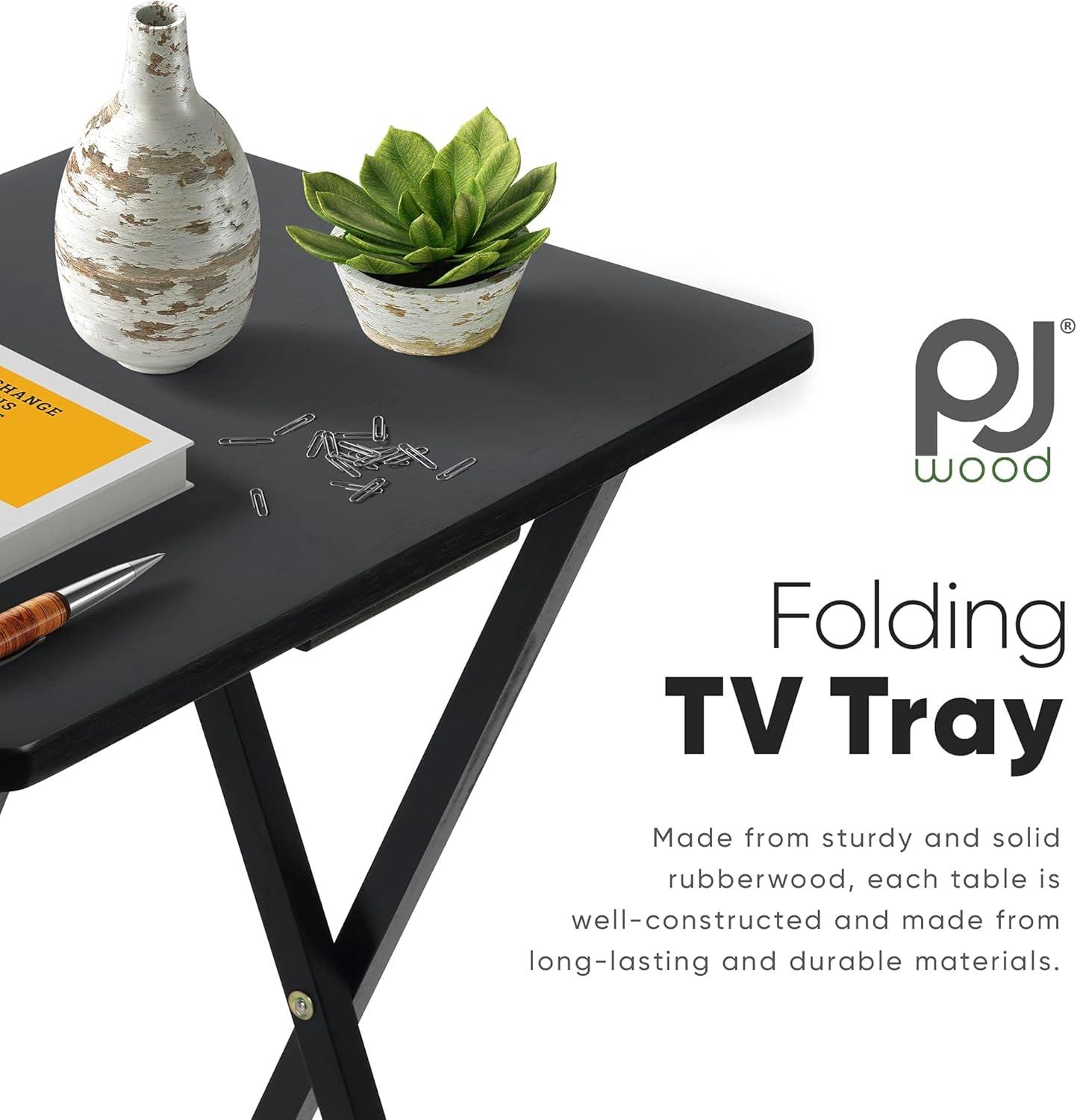 Black Solid Wood Folding TV Tray Tables Set with Storage Rack