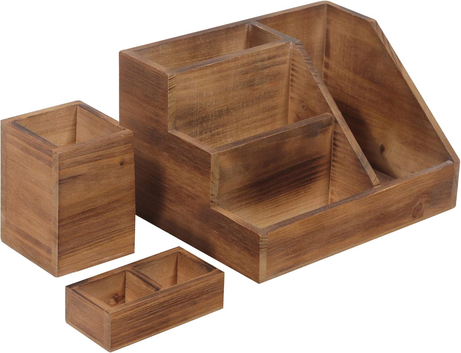 Rustic Brown Wooden 3-Piece Desk Organizer Set