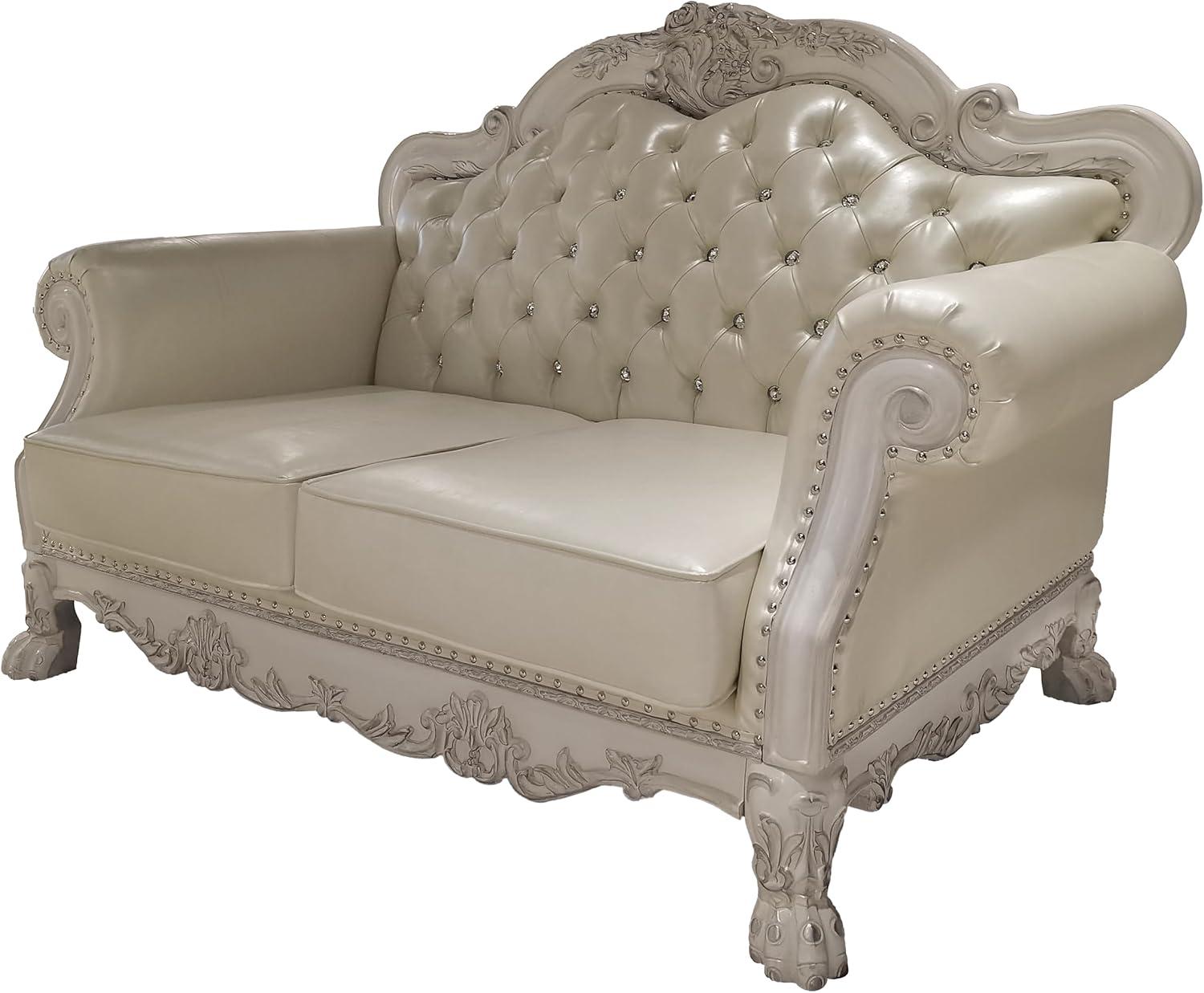 Bone White Tufted Faux Leather Loveseat with Nailhead Trim