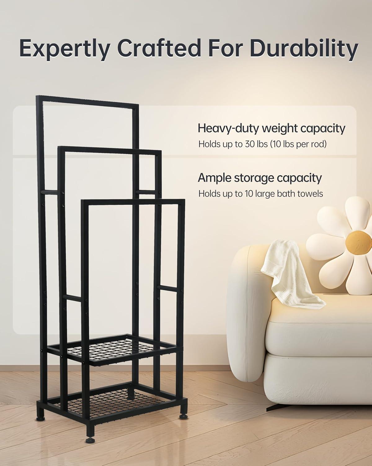 Black 41" H Free Standing 3 Tier Blanket Rack with 2 Storage Shelves - Anti-Rust Towel Rack for Bathroom, Outdoor, Bath & Pool (41"x16"x12")