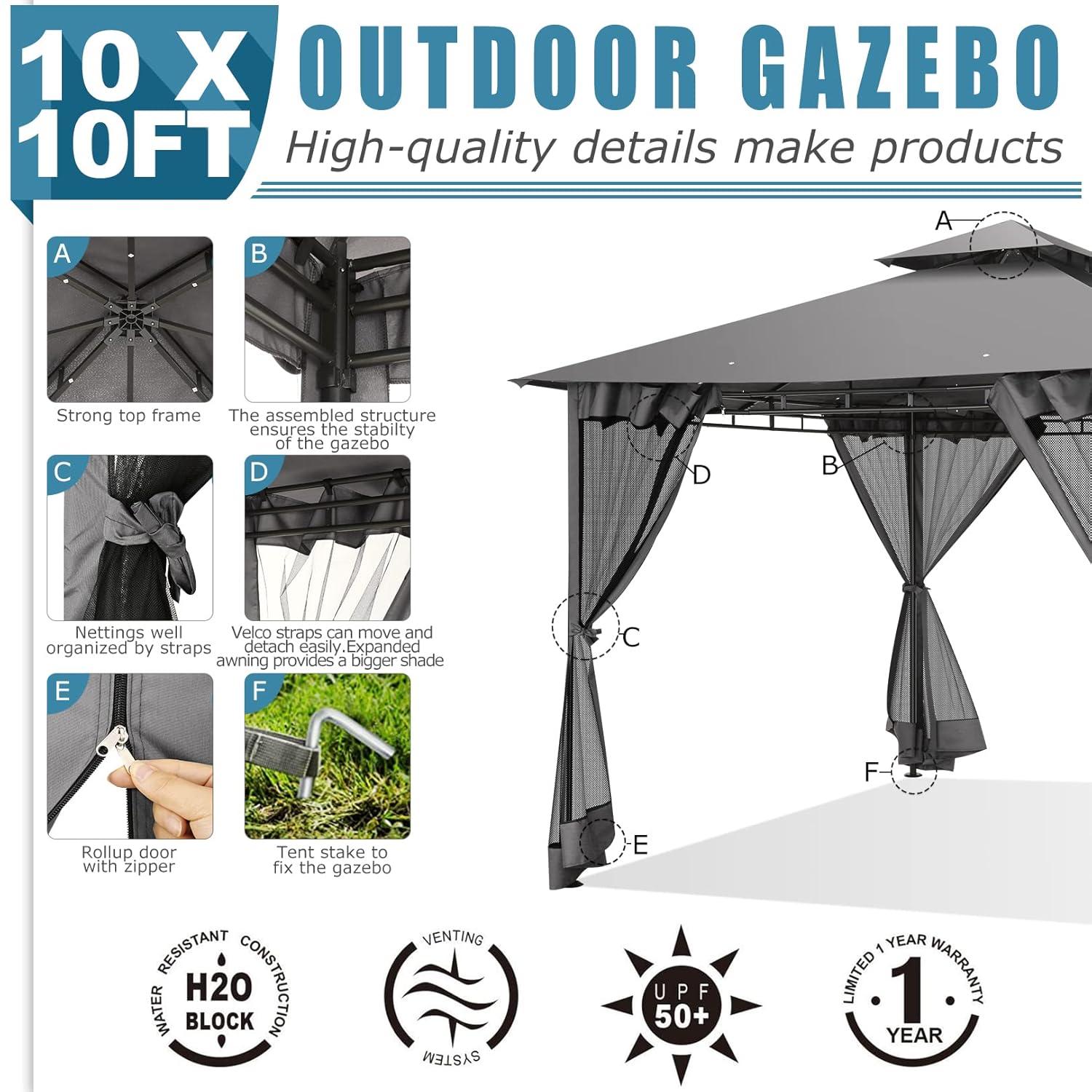 HOTEEL 10x20 Gazebo on Clearance, Outdoor Gazebo Tent with Mosquito Netting and Ventilated Double Flat Roof, Easy Set up Canopy Tent with Stable Metal Frame for Patio, Khaki (Upgraded 2.0)