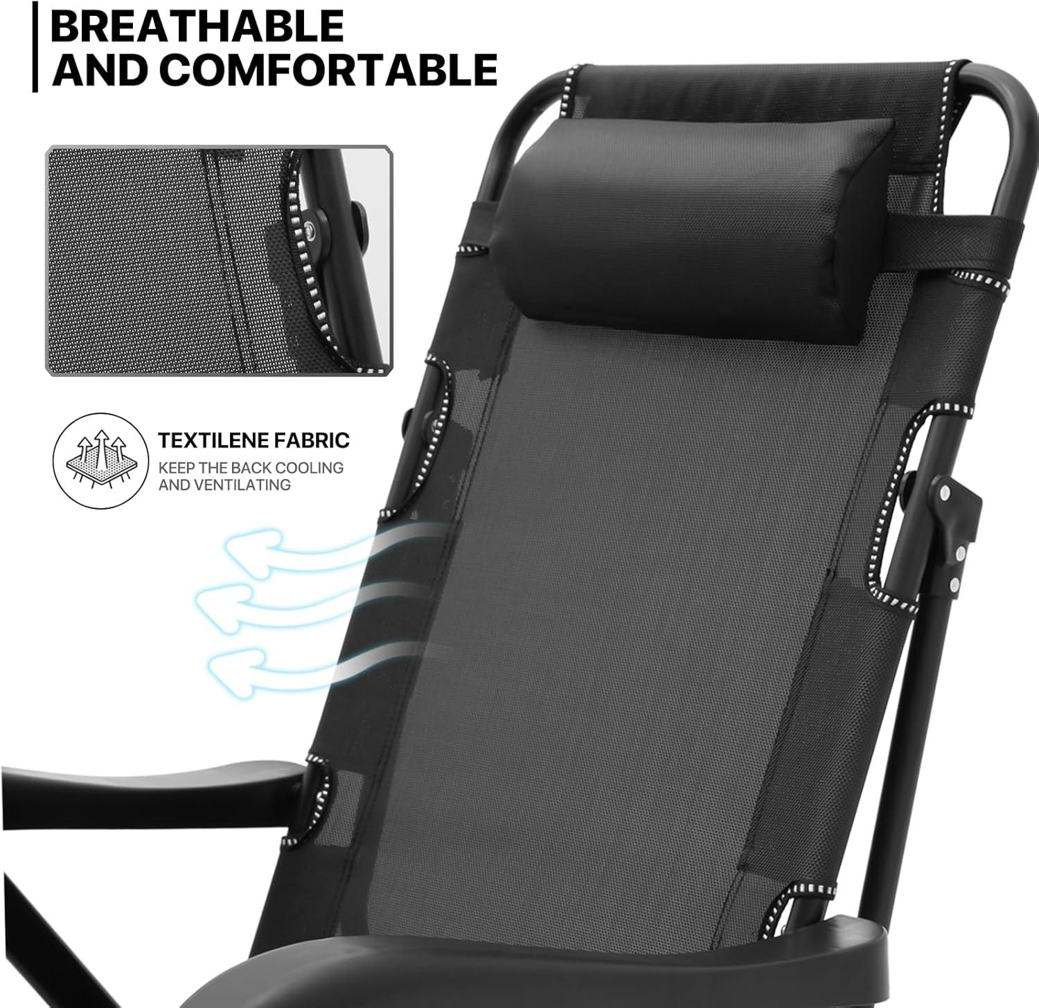 MoNiBloom Patio Lounge Chair with Adjustable Headrest & Foot Pads, Outdoor Folding Reclining Beach Lawn Lounger, Black