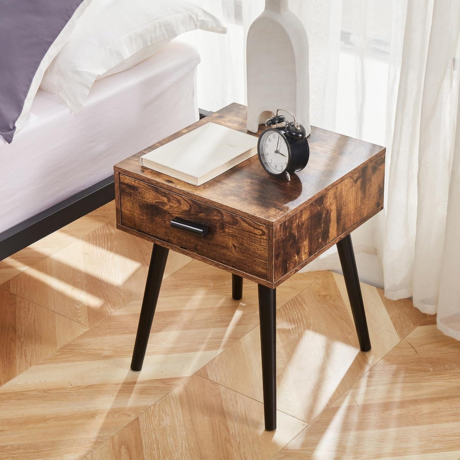 Rustic Brown Wood Nightstand with Drawer and Black Legs