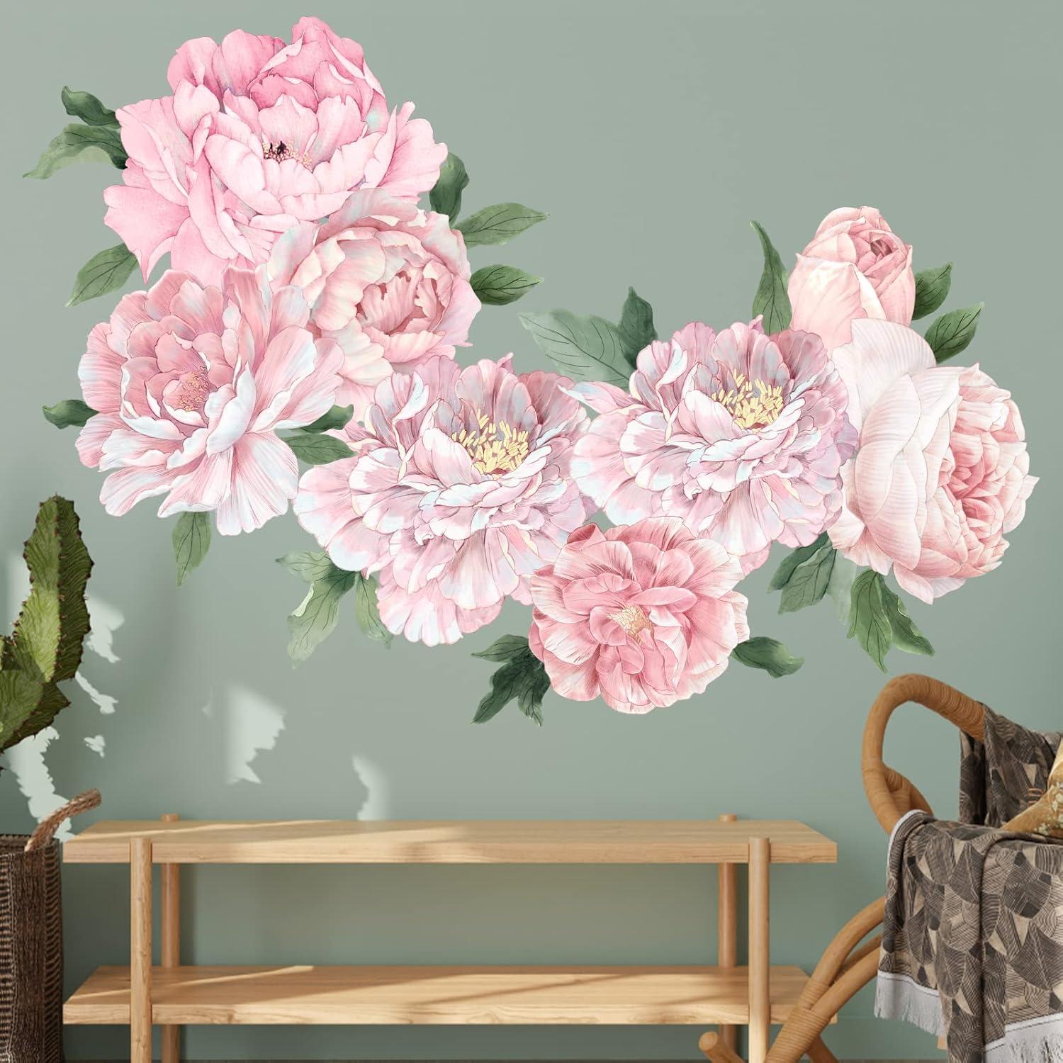 Ejiaya Peony Flowers Wall Sticker Waterproof PVC Peony Rose Flowers Wall Decals Removable Floral Wall Decor Sticker for Living Room Bedroom Nursery Room