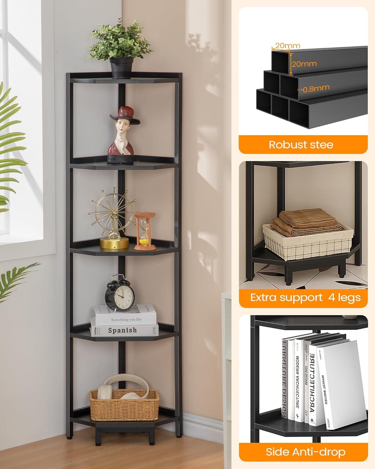 Corner Shelf Stand, Corner Bookshelf, Storage Standing Shelf Unit with Metal Frame, Plant Stand