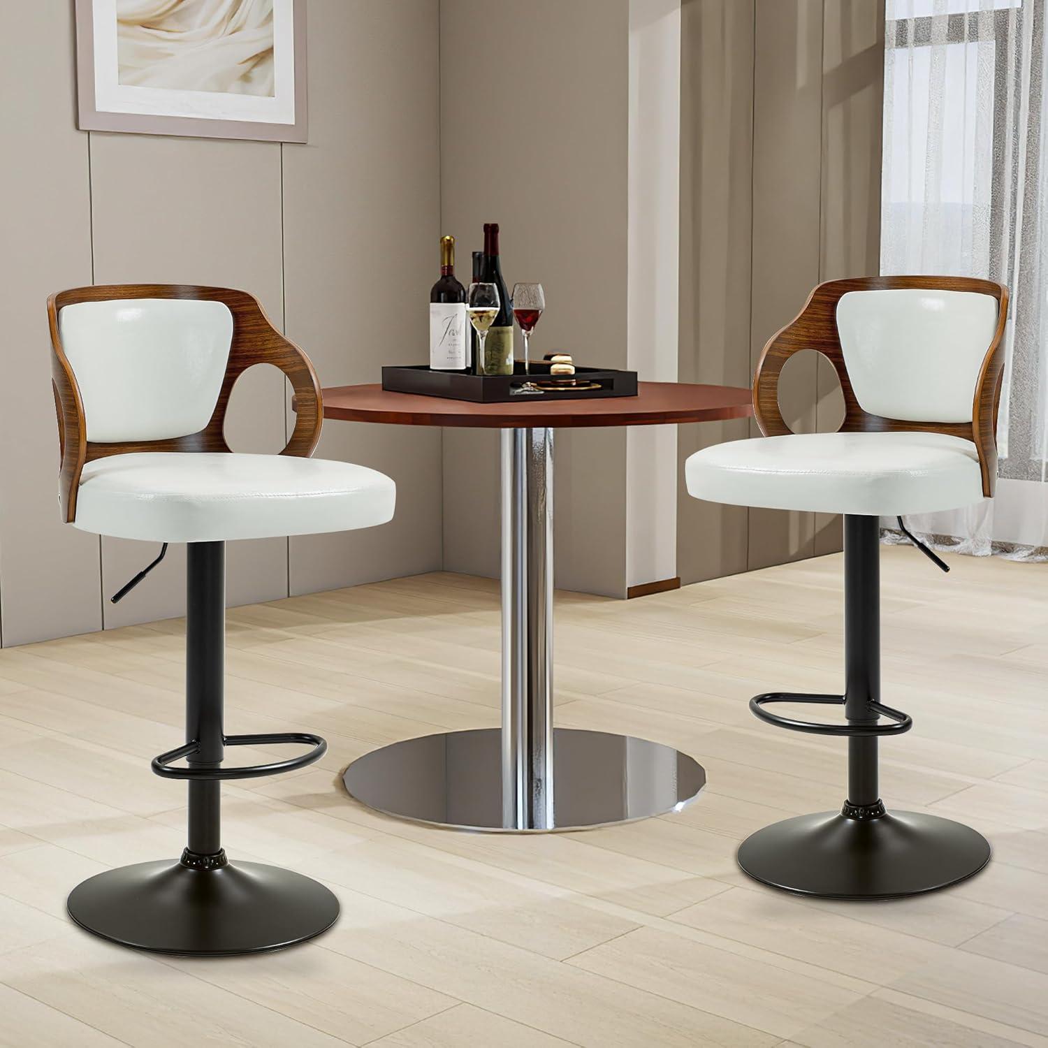 ECOTOUGE Swivel Bar Stools Set of 2, Height Adjustable Island Stools with Bentwood Back, Faux Leather Counter Height Bar Stools for Kitchen, Pub and Cafe, White