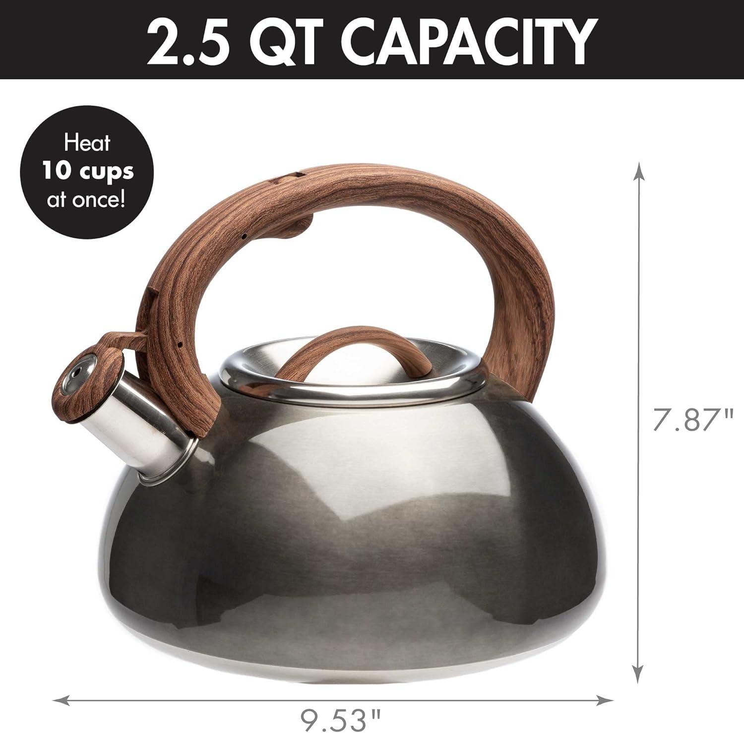 Gunmetal Stainless Steel Whistling Kettle with Woodgrain Handle, 2.5 Qt