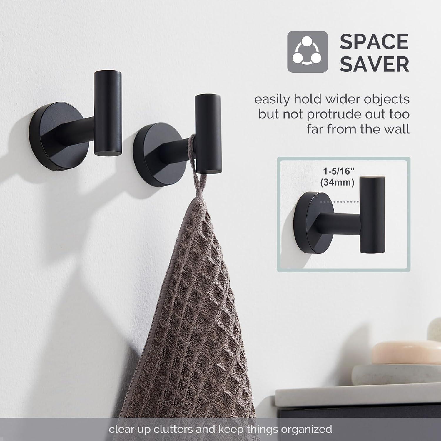 Angle Simple Matte Black Towel Hook 2 PCS, Stainless Steel Kitchen Bathroom Towel Holder, Round Coat Robe Hanger for Wall