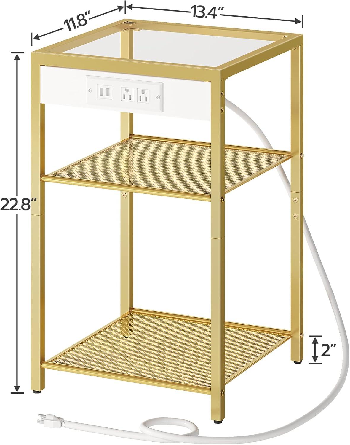 Side Table with Charging Station, Set of 2 End Tables with USB Ports, Nightstand for Tight Spaces, Tempered Glass, Modern Metal Frame, for Office, Bedroom, Living Room, Gold