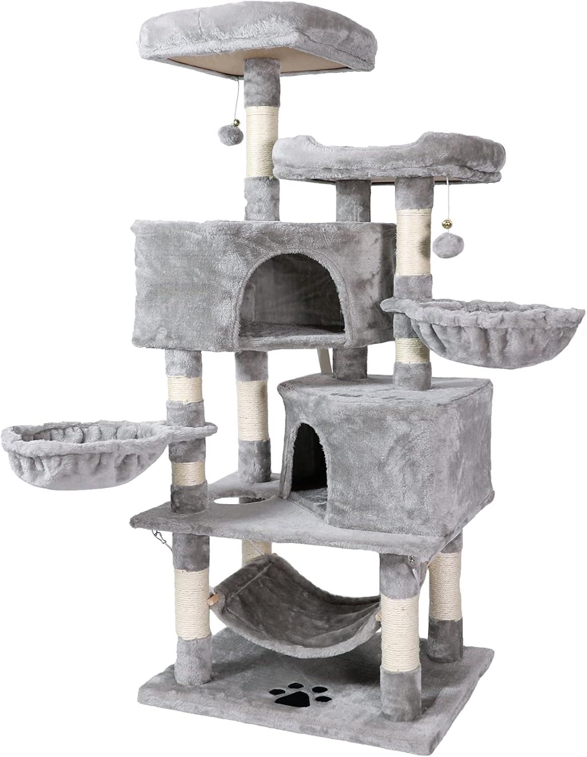 Gray Multi-Level Sisal Cat Tree with Hammock and Condos