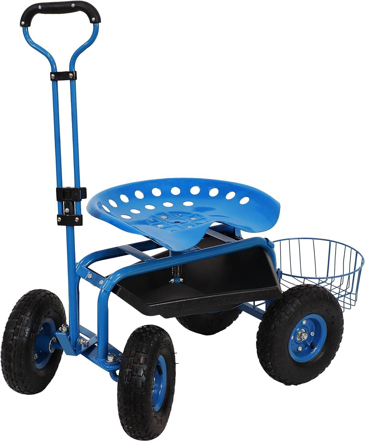 Sunnydaze Outdoor Heavy-Duty Steel Rolling Gardening Cart with Extendable Steer Handle, Swivel Chair, Tool Tray, and Basket - Blue