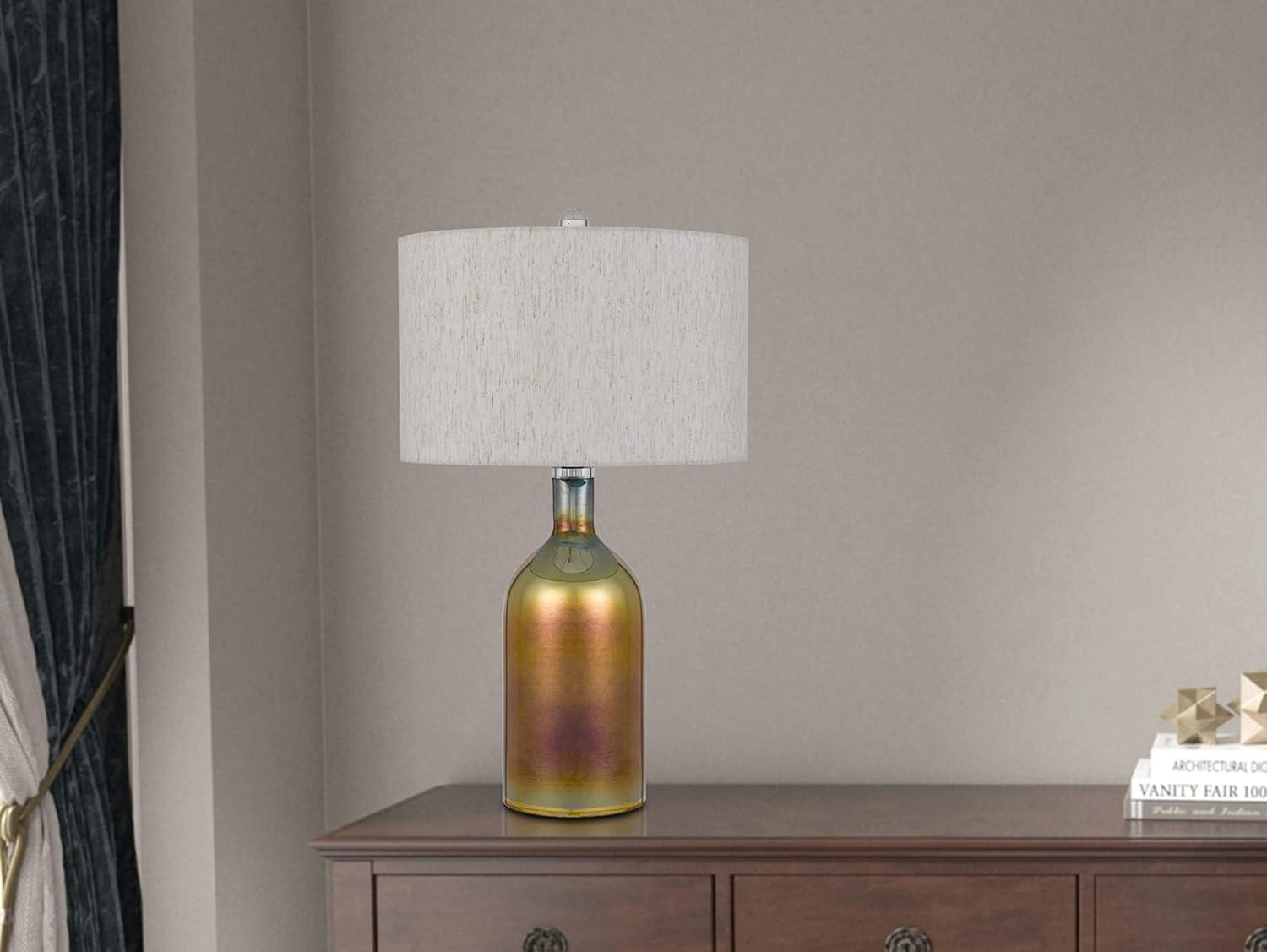 28 Inch Glass Bottle Table Lamp, Drum Shade, Dimmer, Bronze- Saltoro Sherpi