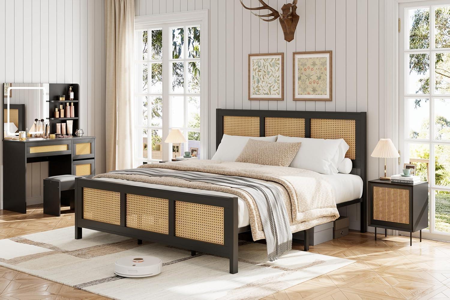 Garvee Rattan Bed Frame with Headboard, Full Bed Frame with Strong Metal Slats Support, Noise-Free Design, No Box Spring Needed, Black