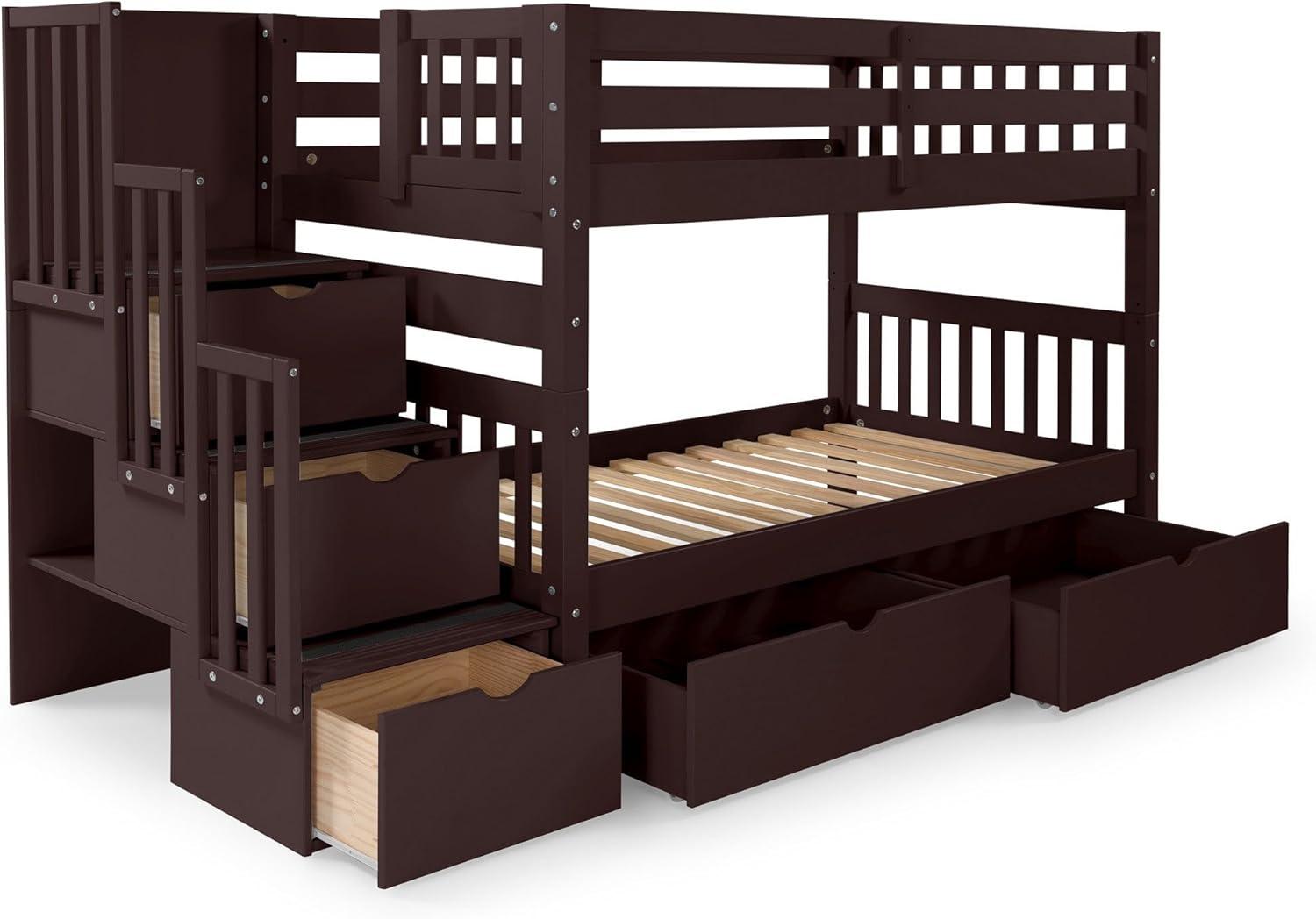 Bedz King Stairway Bunk Beds Twin over Twin with 3 Drawers in the Steps and 2 Under Bed Drawers, Dark Cherry