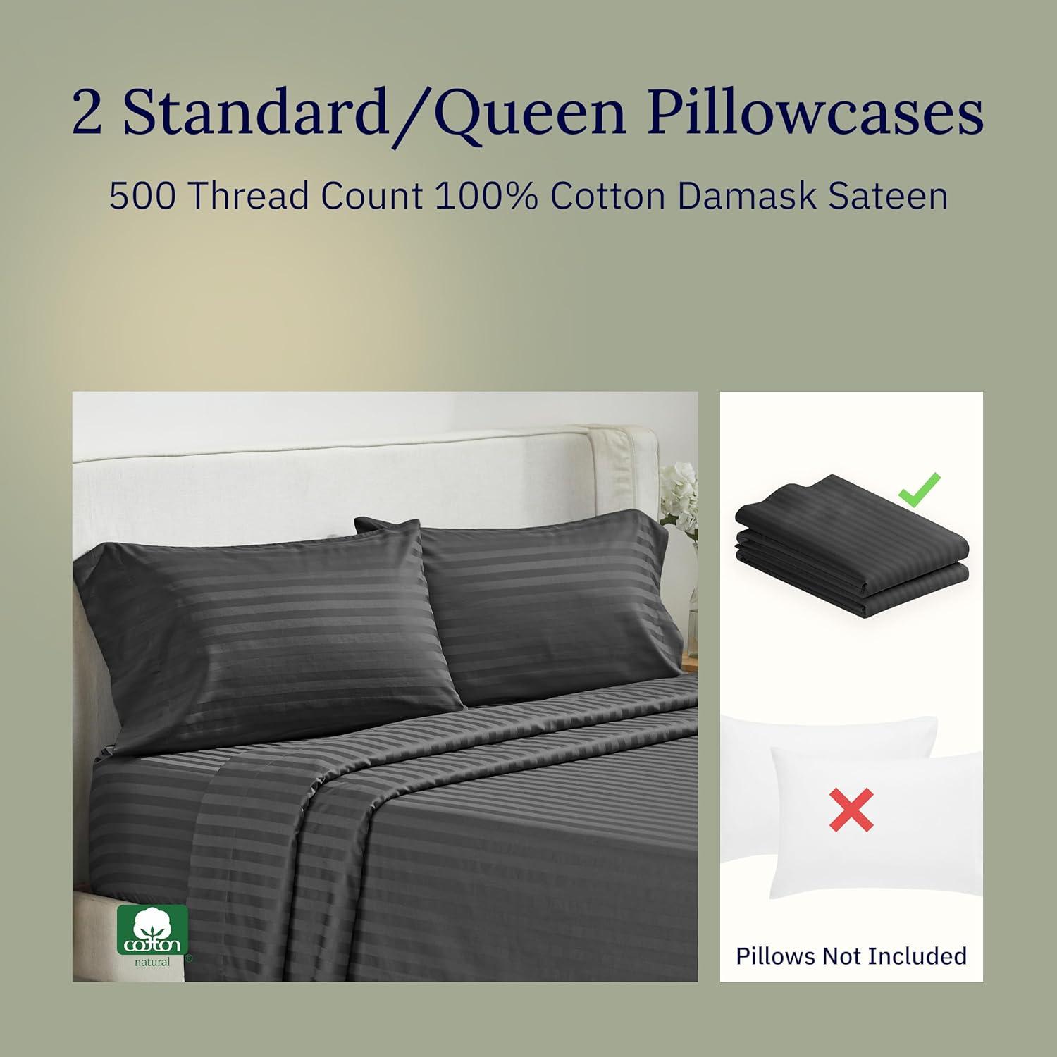 Luxury 500 Thread Count Pillowcase Set - 100% Cotton Sateen, Breathable by California Design Den - Dark Gray Striped, Standard/Queen Pillowcases