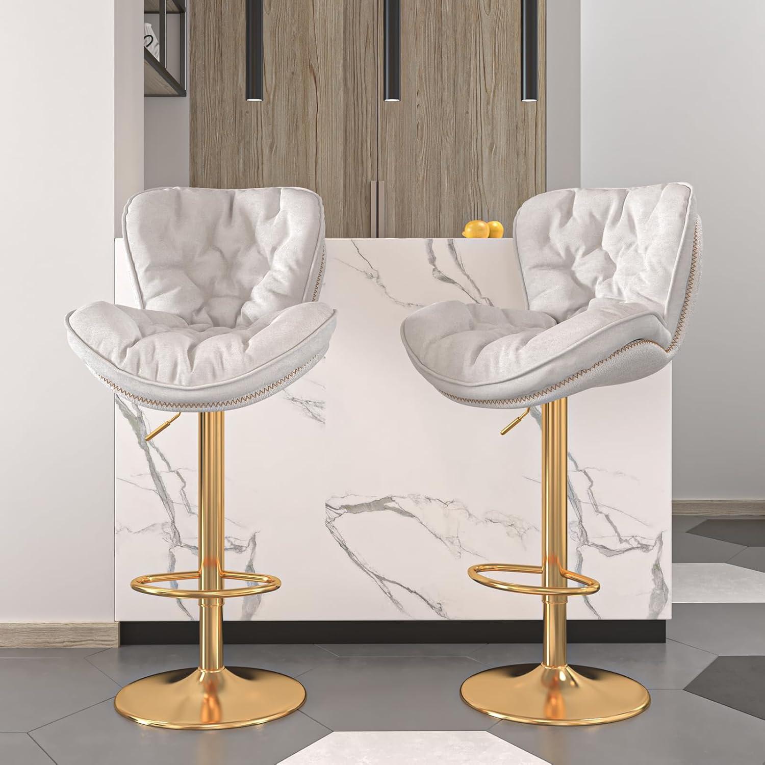 Beige Velvet Adjustable Swivel Bar Stools with Gold Base