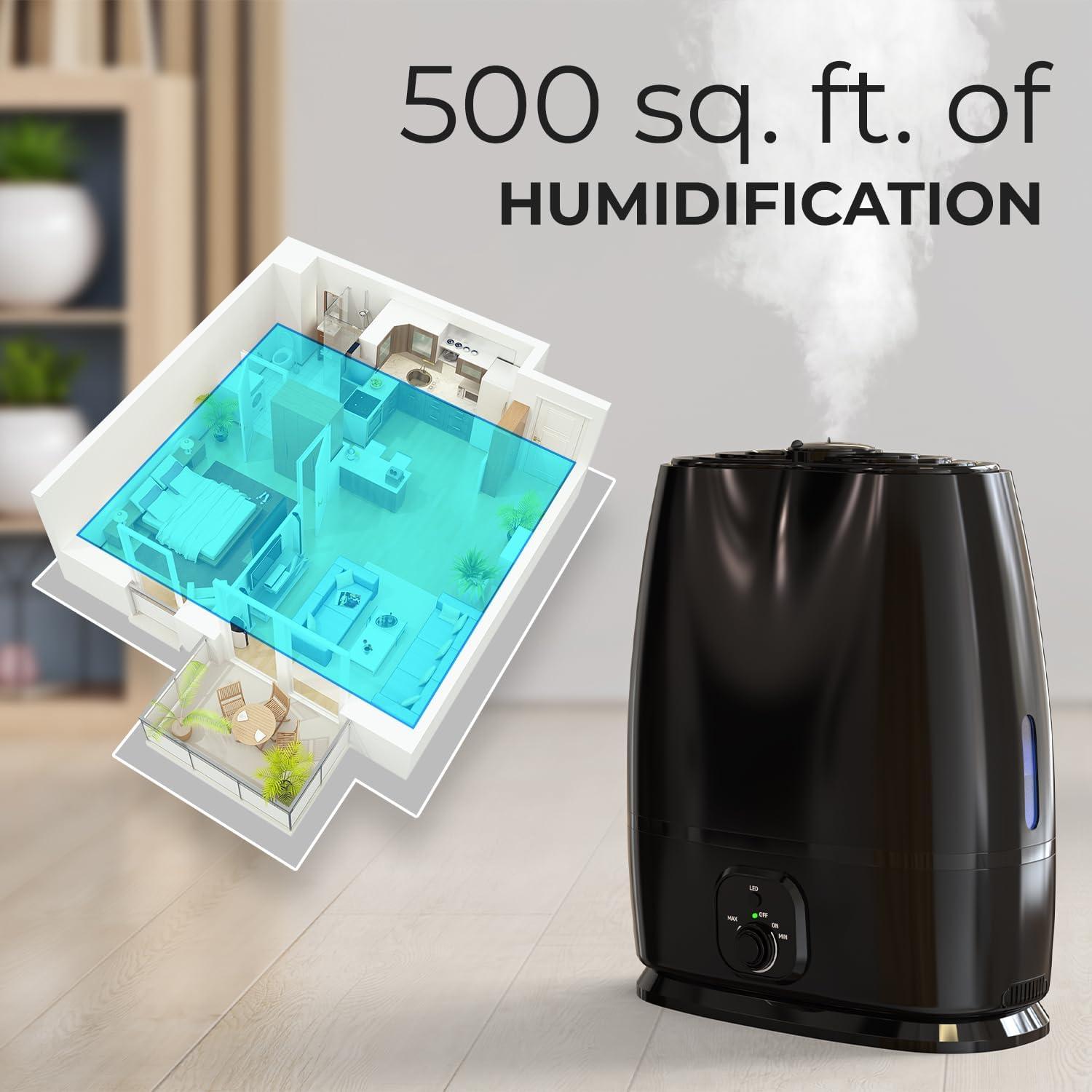 Everlasting Comfort Ultrasonic Cool Mist Humidifier for Bedroom (6L), Filterless Large Room Humidifiers, Lasts 50 Hours With Essential Oil Diffuser Tray, Quiet, Small Air Vaporizer (Black)