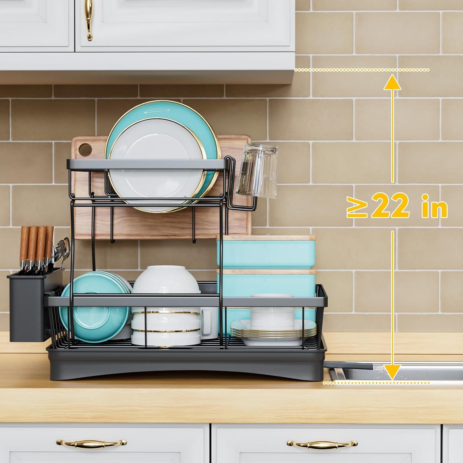 iSPECLE Dish Drying Rack with Drainboard - Dish Racks for Kitchen Counter, Rust-Resistant Compact Dish Drainer with Utensil Holder, Drain Spout and High Feet on Drip Tray, Black