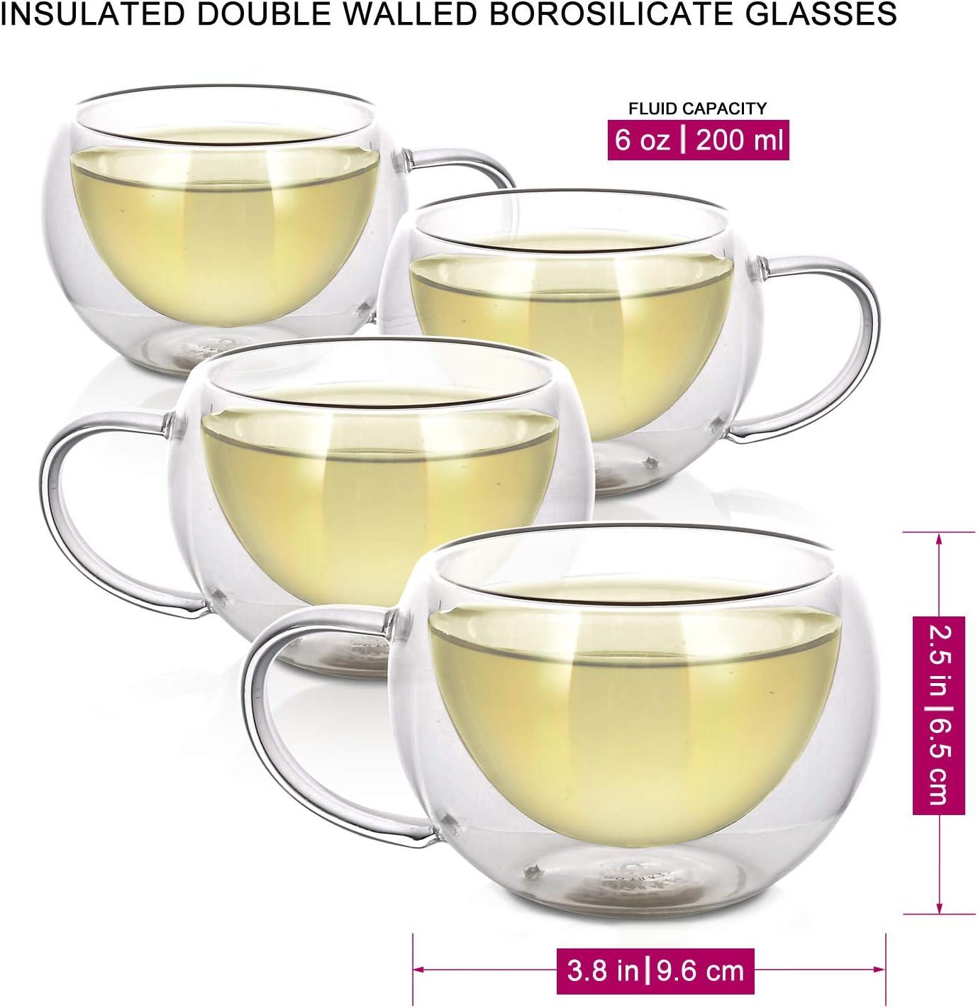 Teabloom MODERN CLASSIC® Double Walled Cups – Insulated Glass Cups - 6oz / 200ml (Set of 4)