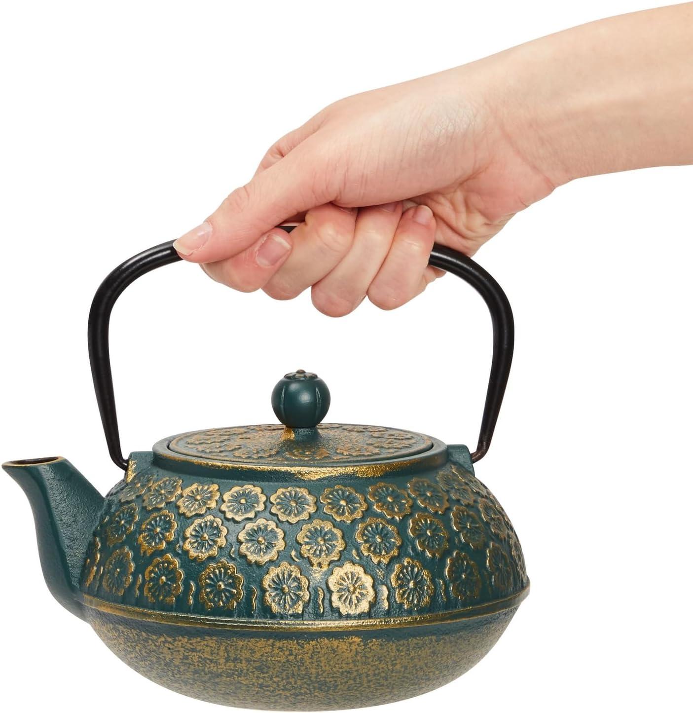 Juvale Green Cast Iron Floral Teapot Kettle with Stainless Steel Infuser Set, Japanese Tea Pot for Kitchen Pantry, 34 oz