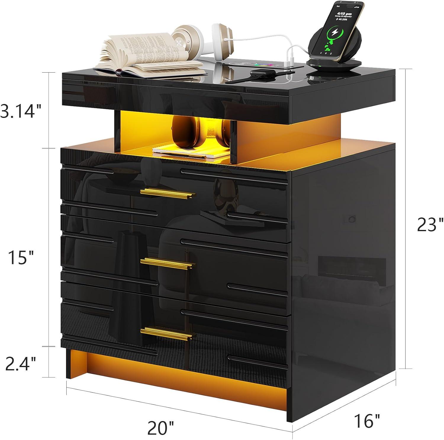 HNEBC Smart LED Nightstand with Wireless Charging & USB Ports, High Glossy Night Stand with 3 Drawers and 1 Pull-Out Tray, Modern Bedside Table with Human Sensor for Bedroom (White)